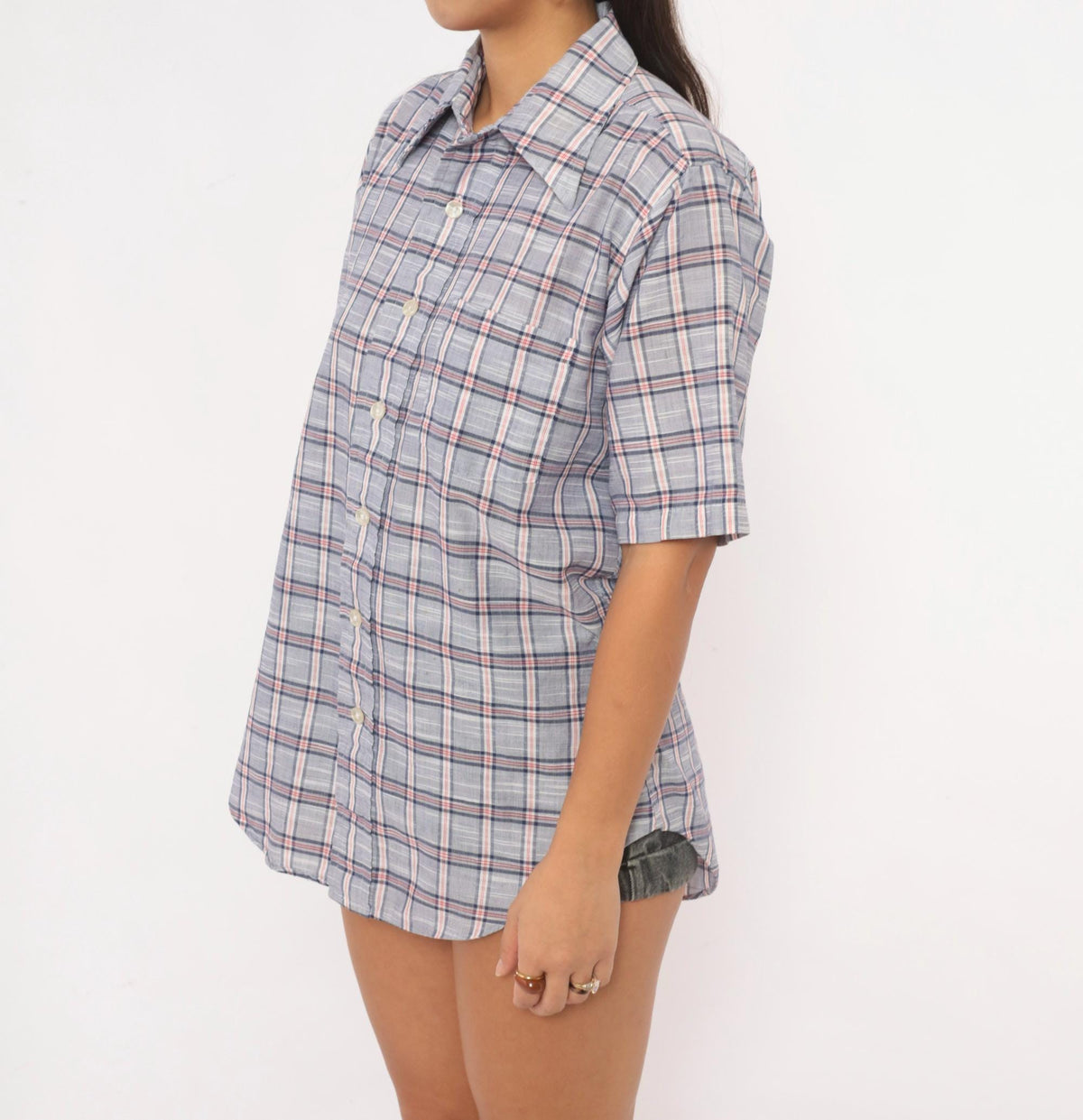 80s Durable Press Plaid Button-Up Shirt Blue Red Check Short Sleeve Medium