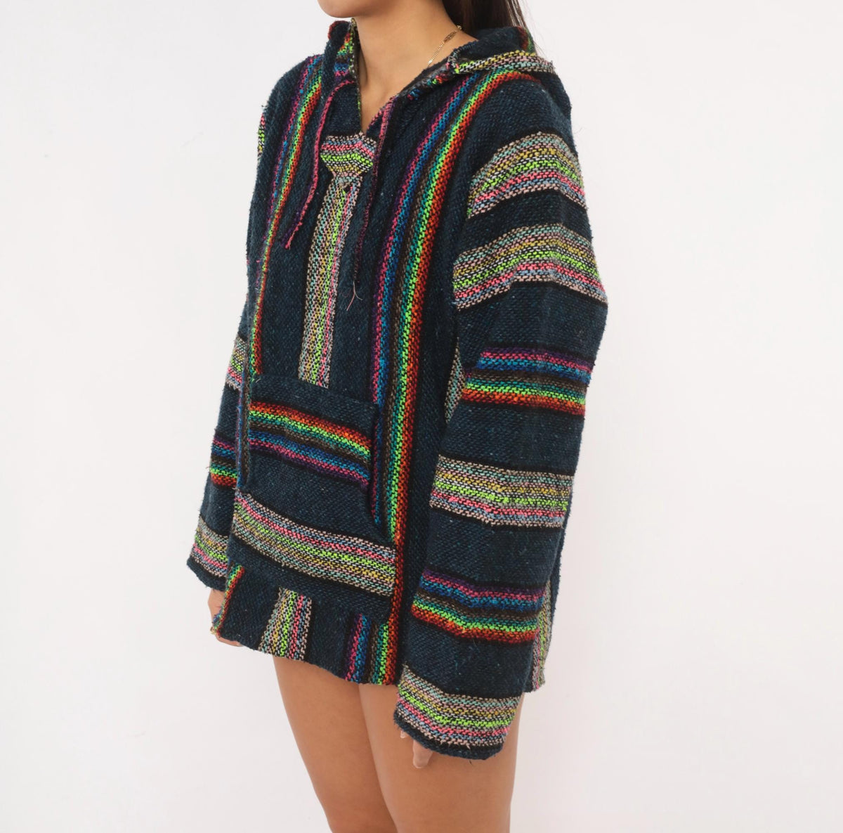 90s Navy Baja Hoodie Rainbow Stripe Woven Pullover Kangaroo Pocket Medium