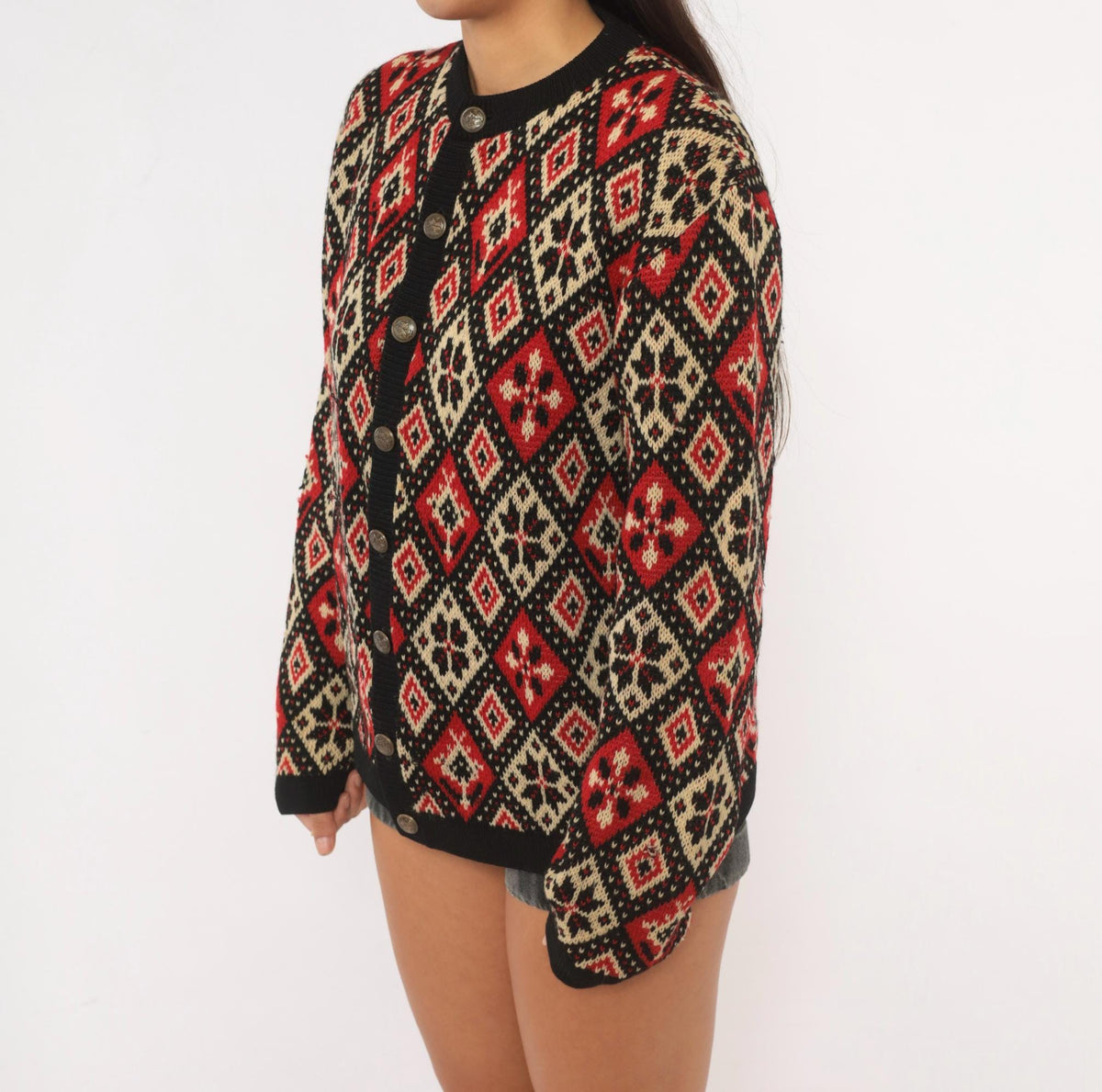 60s Jersild Wool Cardigan Black Red Cream Fair Isle Diamond Medium