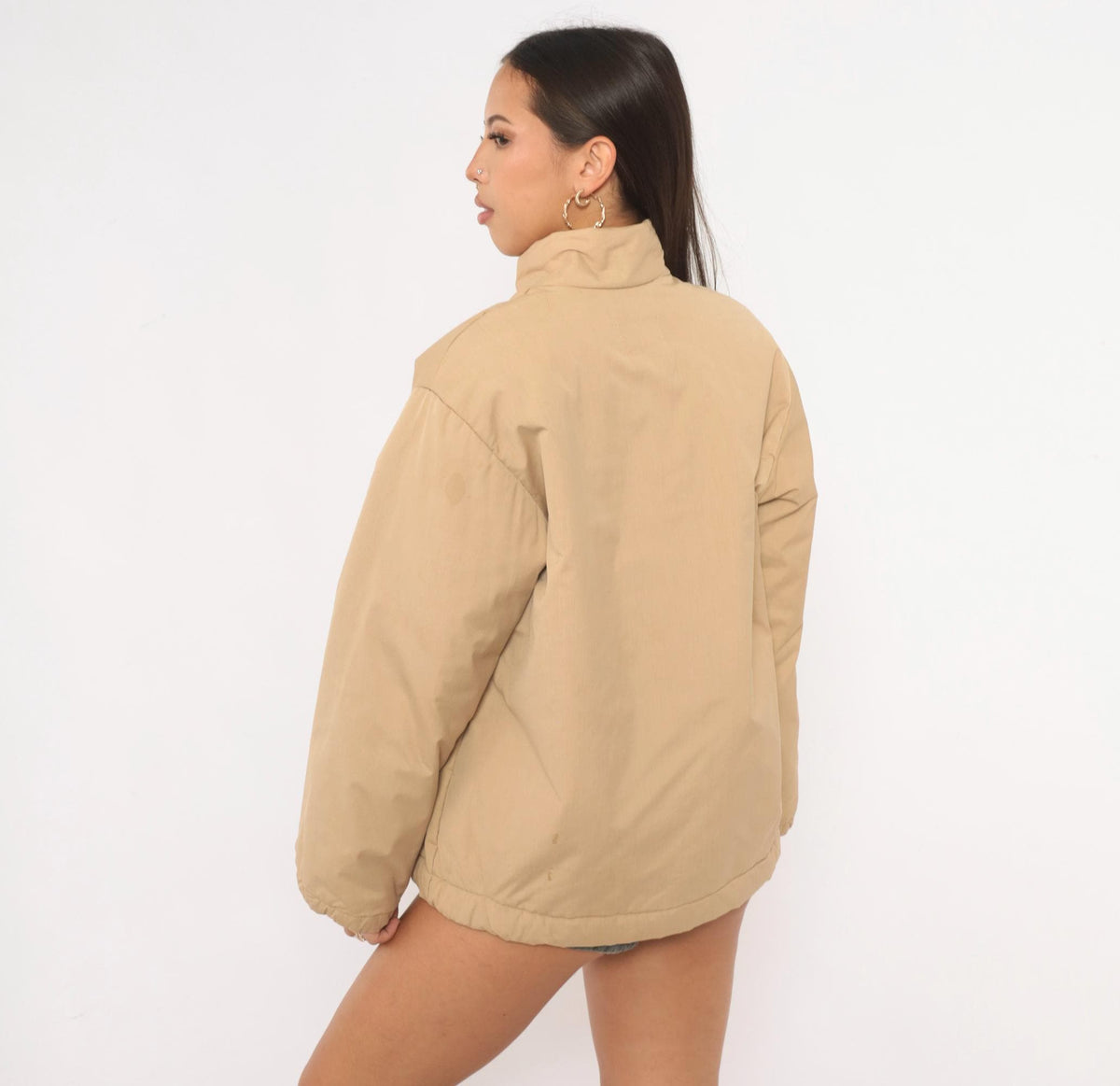 80s Avon Beige Snap Front Insulated Jacket Navy Lined Small
