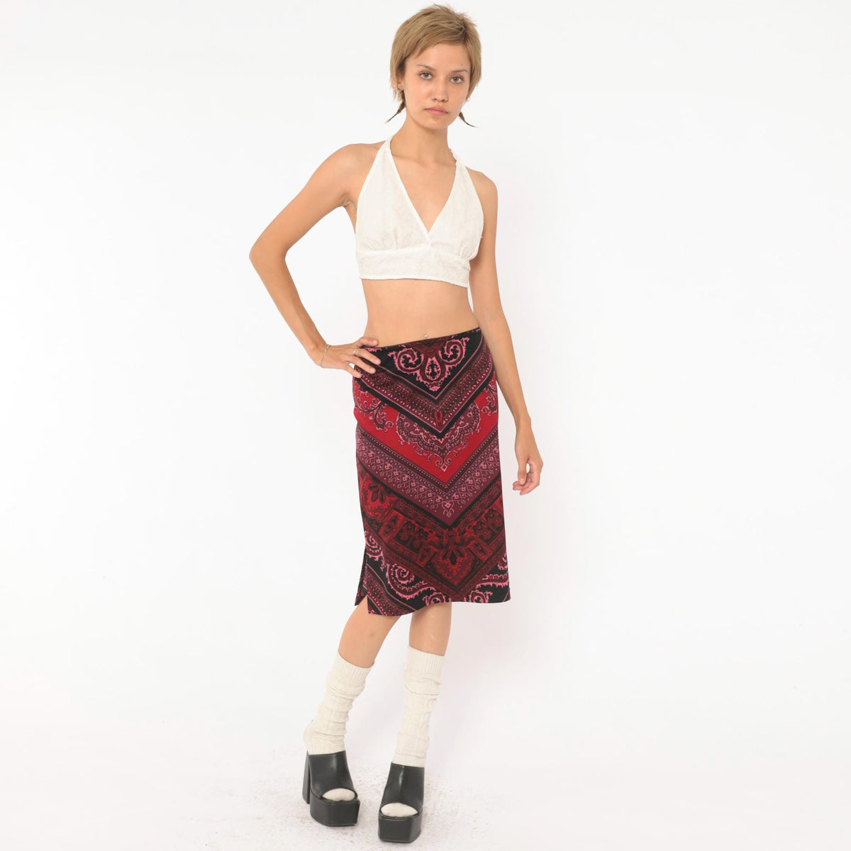 Y2K Tempted Paisley Bandana Chevron Skirt Black Red Burgundy Large