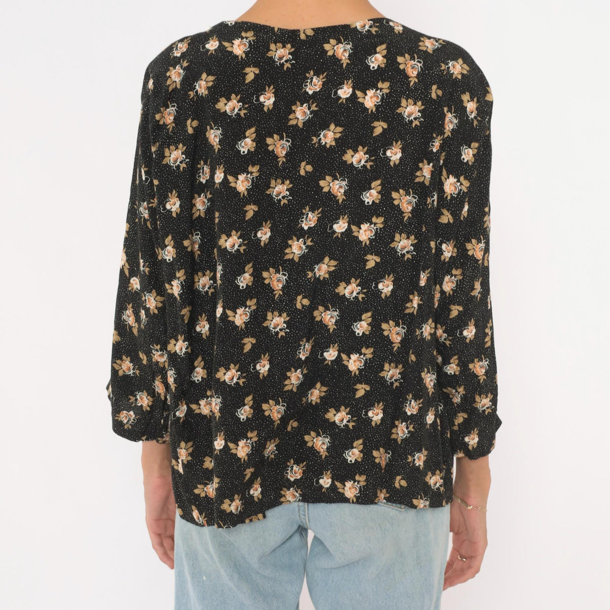 90s Black Floral Rose Print Button-Front Blouse Cream Tan Large L