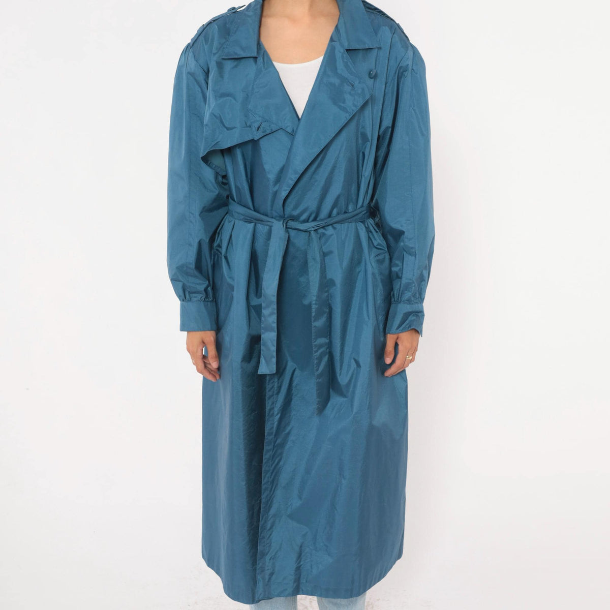 80s J.Gallery Blue Nylon Trench Coat Belted Epaulettes Medium M