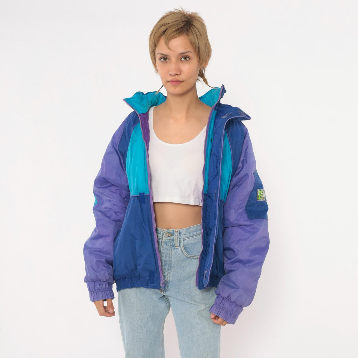 90s EZ Color Block Windbreaker Jacket Blue Purple Teal Quilted Small