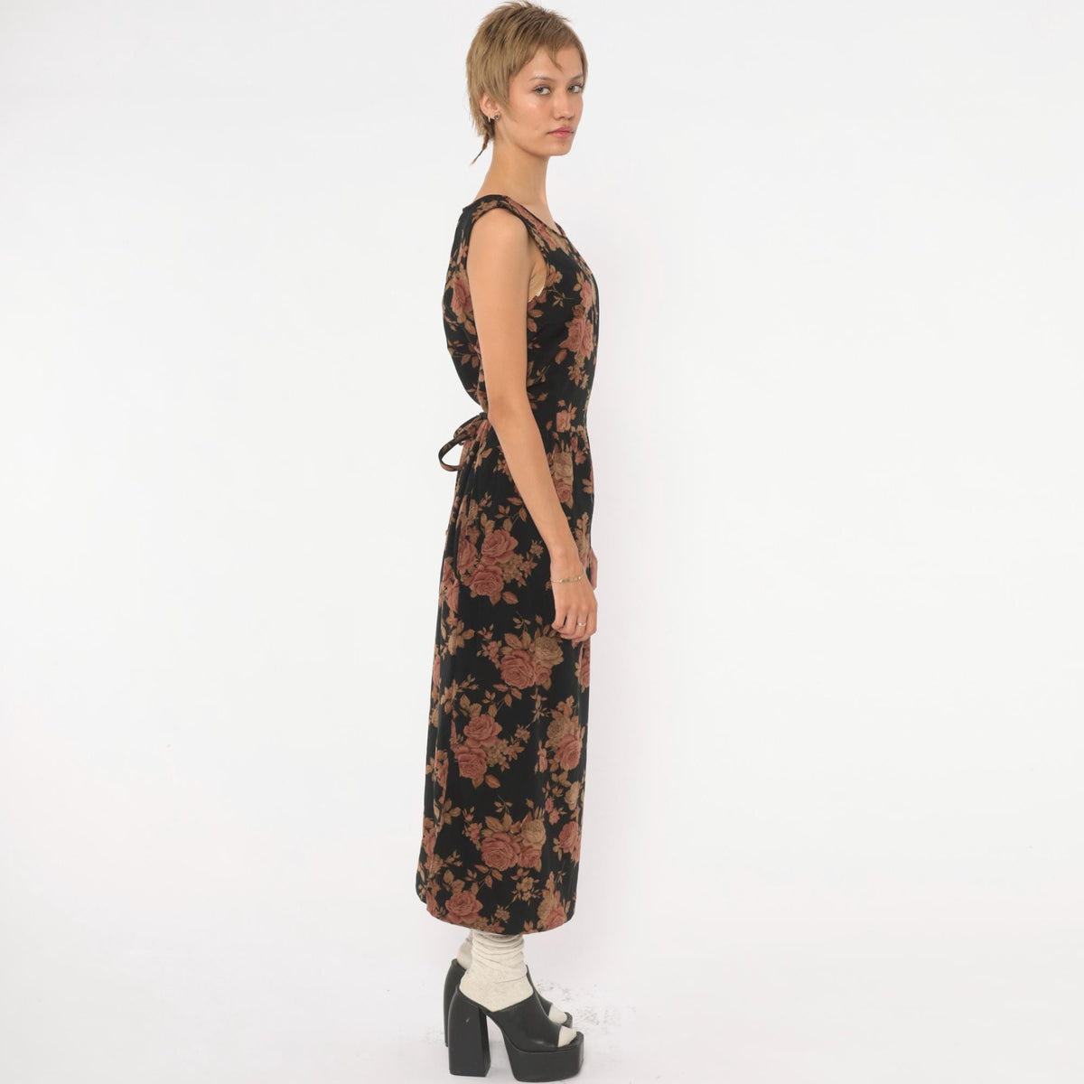 90s Black Floral Velour Dress Rose Print Tie Back Ankle Length Small S