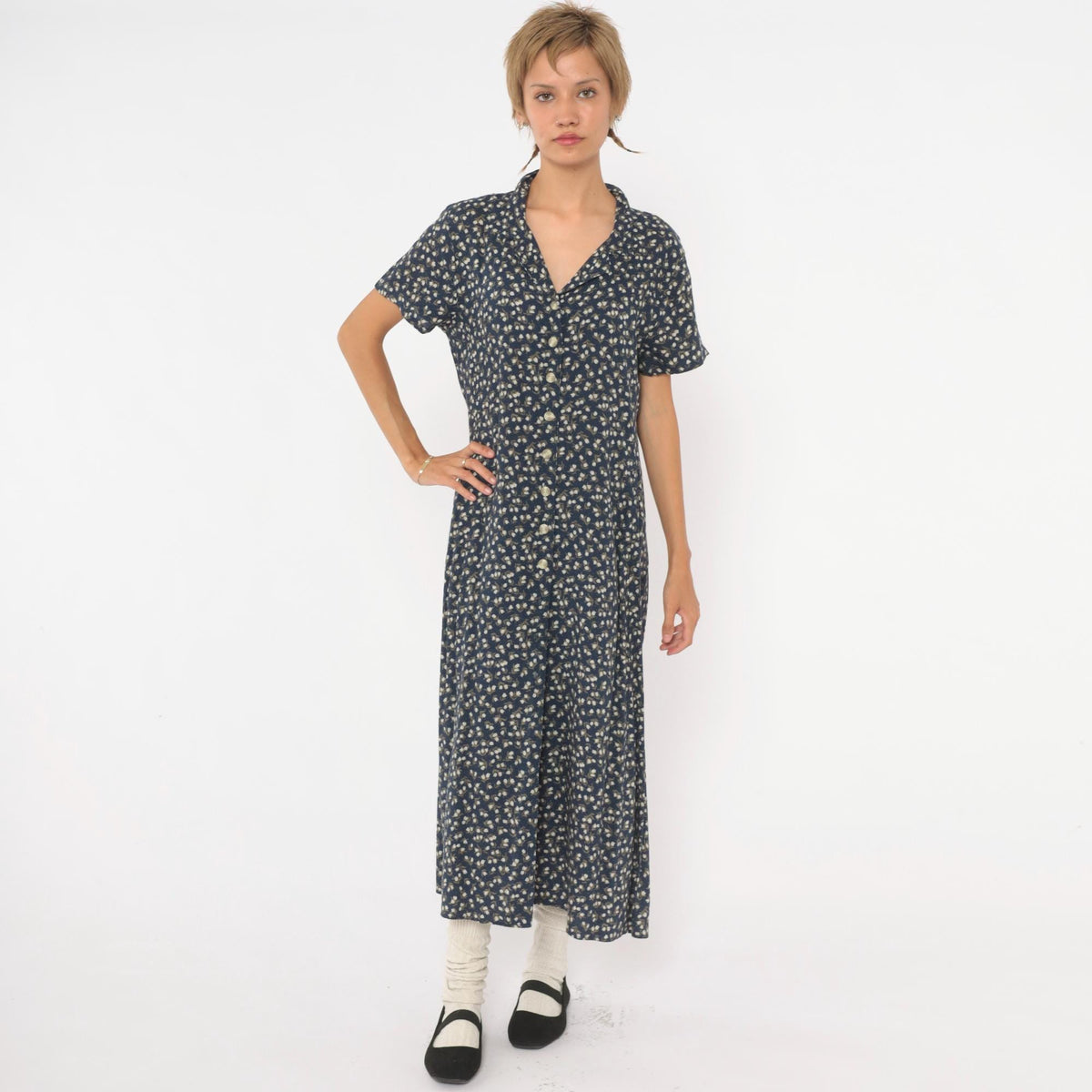 90s Chico's Design Navy Floral Midi Shirt Dress Pearl Buttons Medium M