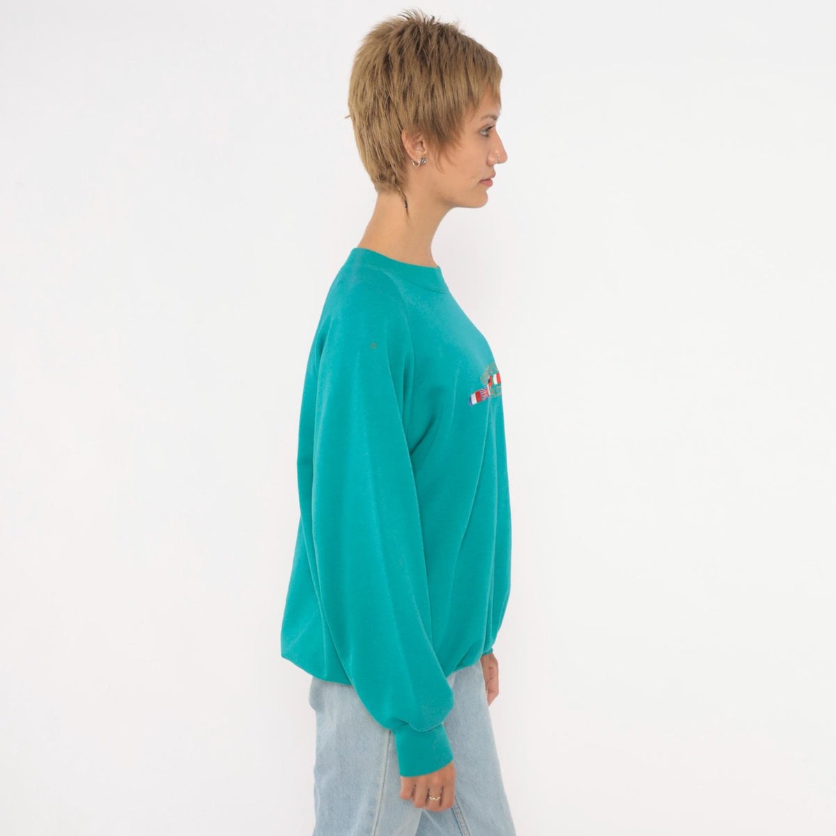 90s Vancouver Canada Sweatshirt Embroidered World Flags Teal Raglan Medium M