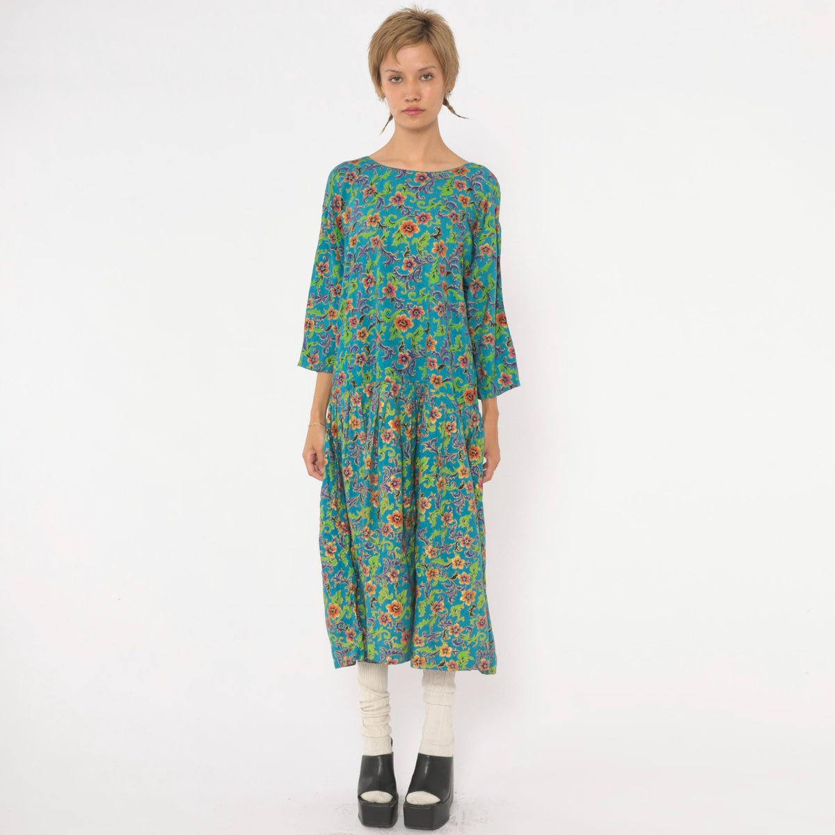 80s Passports Floral Midi Dress Teal Drop Waist Pockets Large L