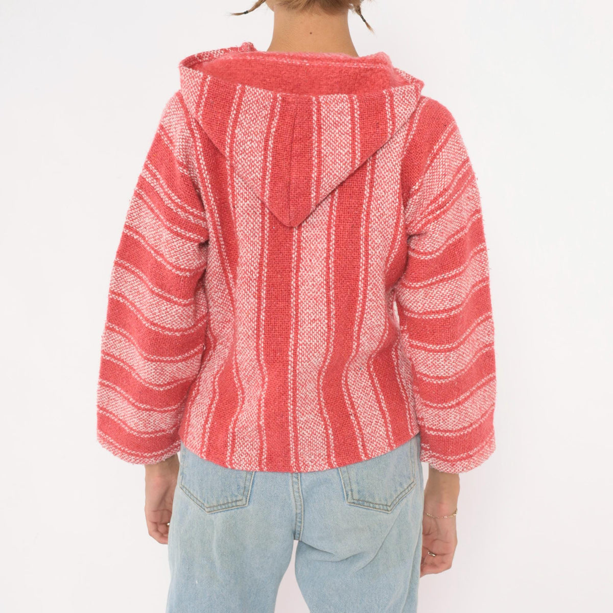 90s Baja Hoodie Coral Pink Striped Woven Cotton Pullover Extra Small XS