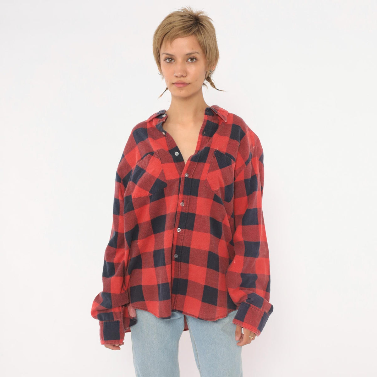 90s Hunter's Lane Buffalo Plaid Flannel Shirt Red Navy Cotton Extra Large