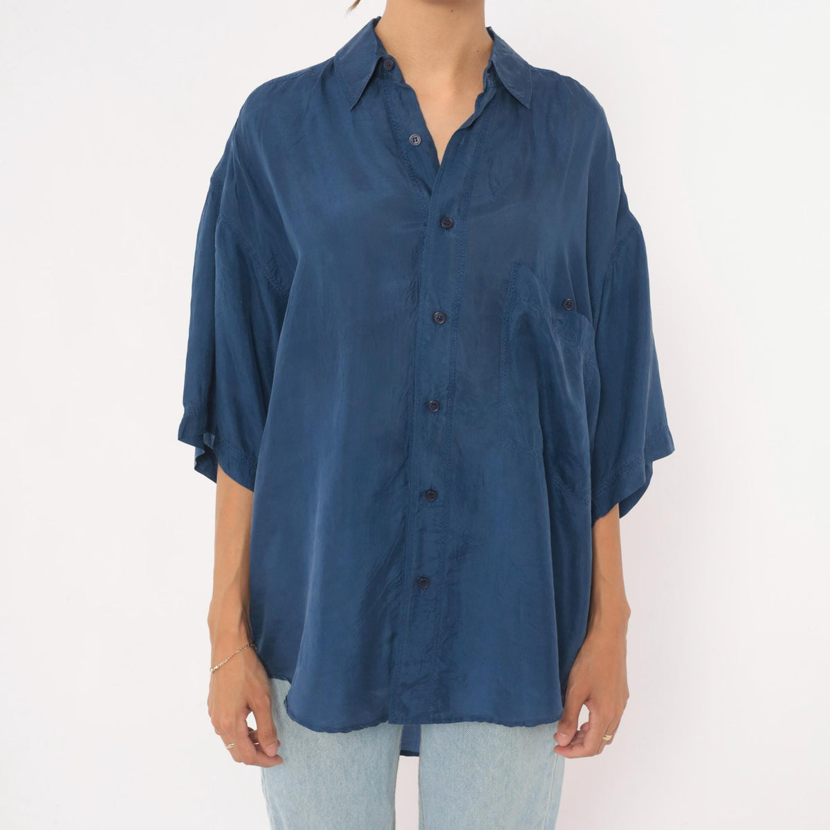 90s Franco Biani Navy Silk Button-Up Shirt Small