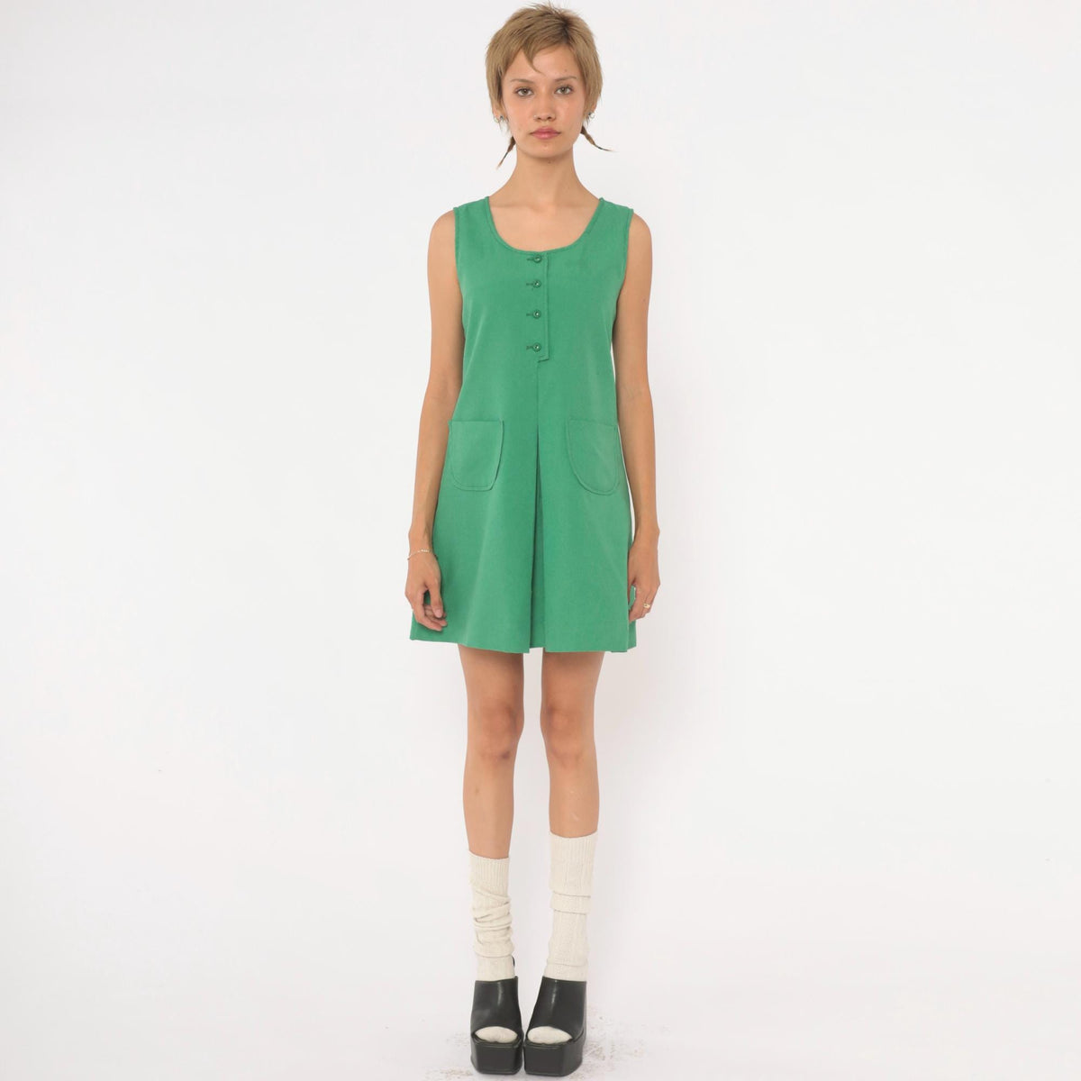 80s Kelly Green Mini Dress Sleeveless A-Line Shift Scoop Neck Extra Small XS