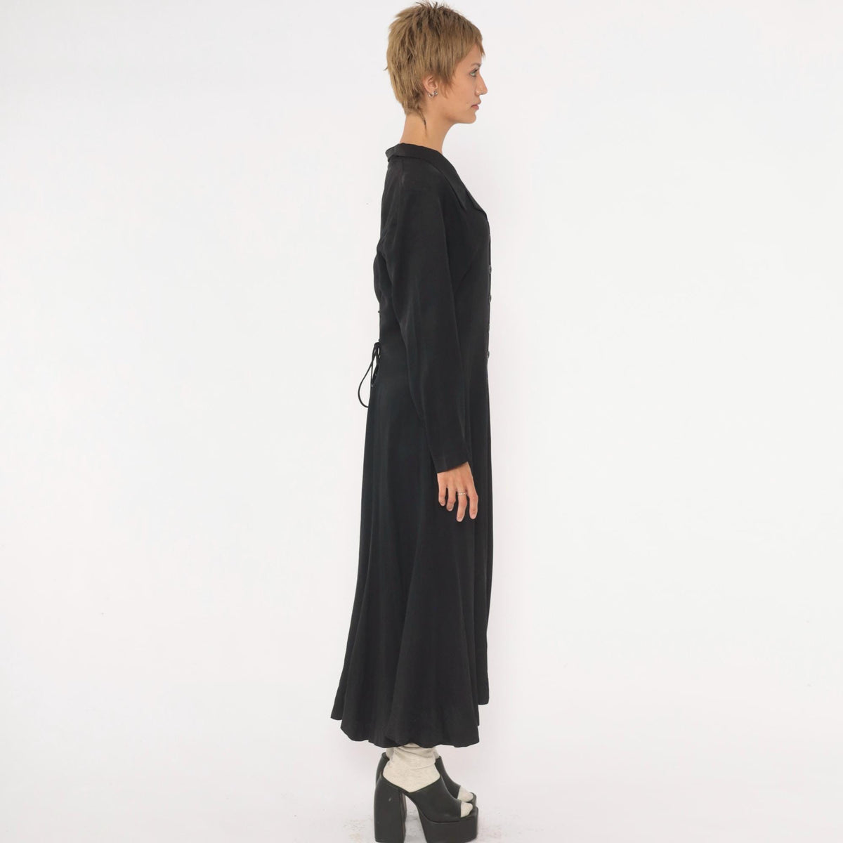 90s Cosmopolitan Black Midi Dress Collared V Neck Corset Lace Up Large L