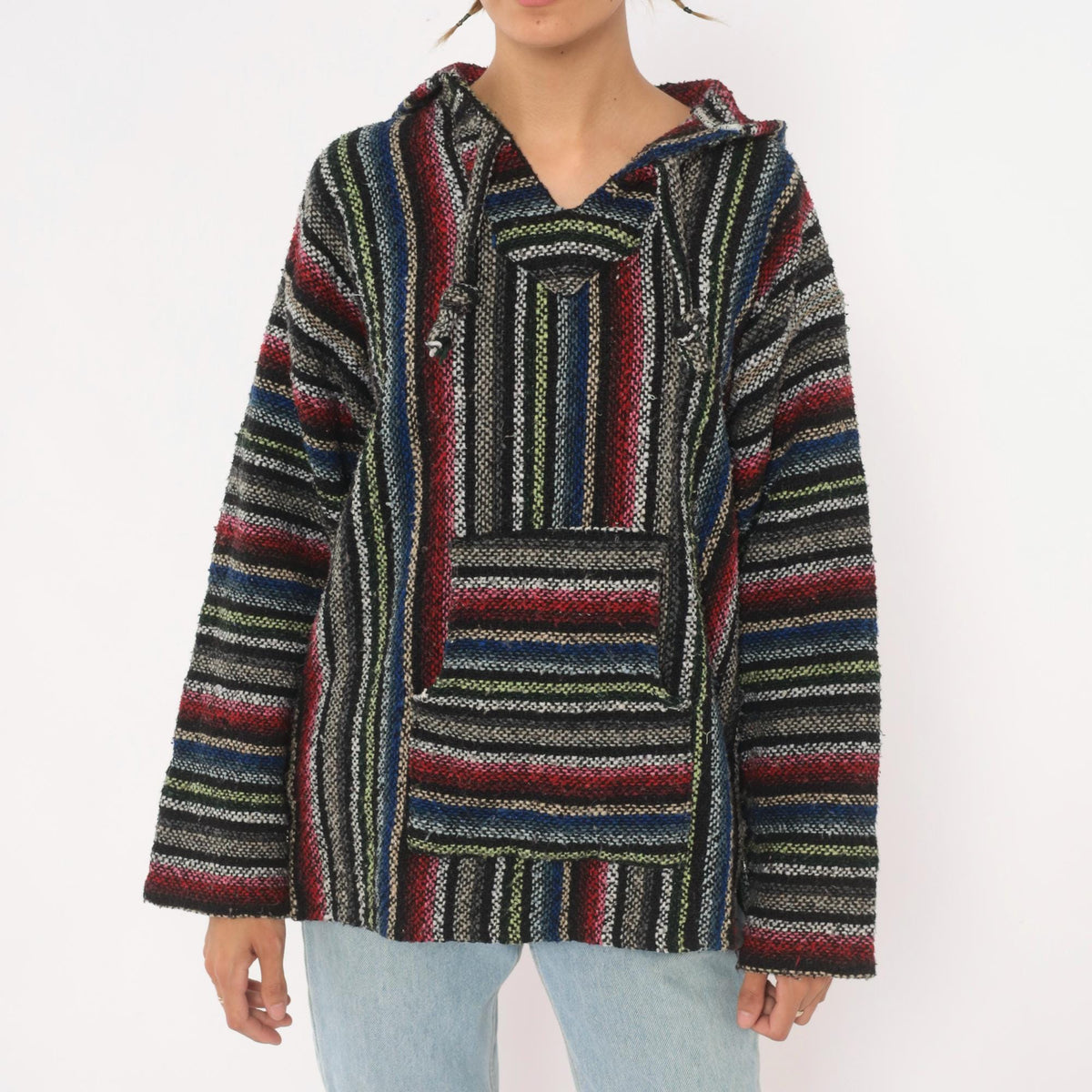90s Artesanias Cuamatz Baja Hoodie Black Rainbow Stripe Woven Pullover Large L