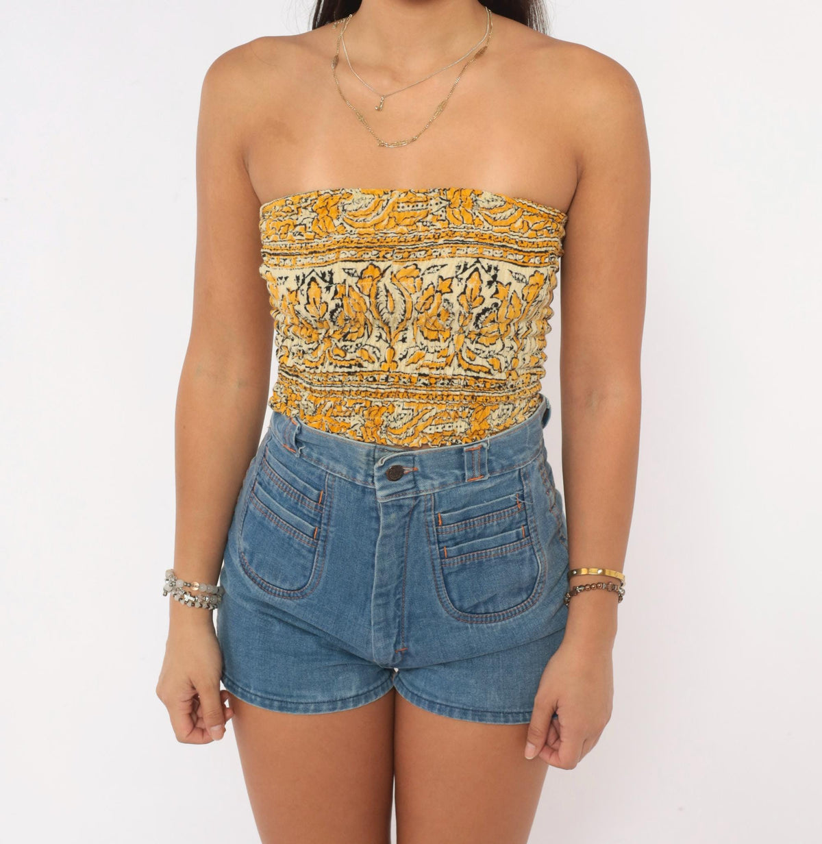 70s Yellow Mustard Block Print Smocked Tube Top Strapless Crop Cotton Extra Small
