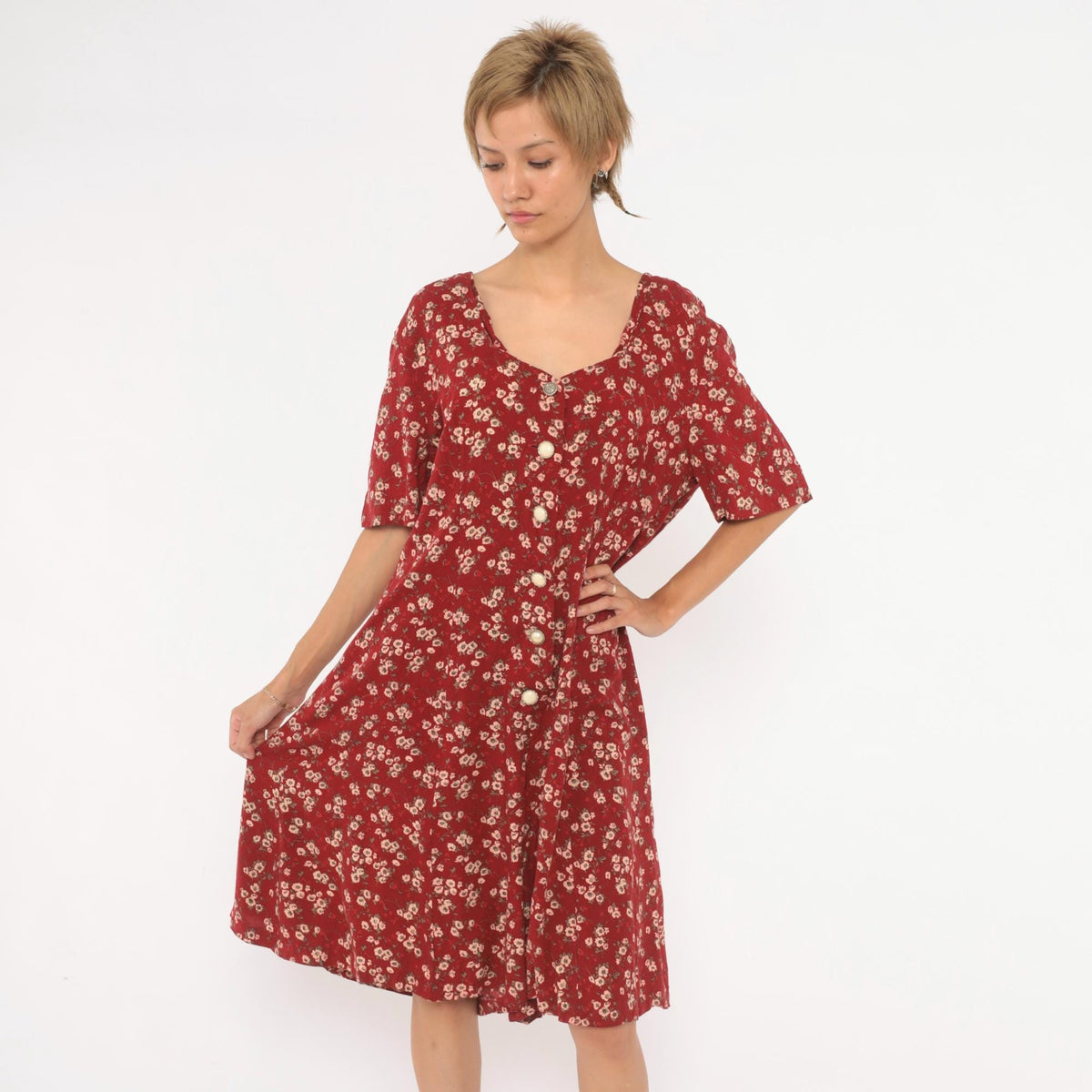90s Sunshine Starshine Floral Romper Red Cream Sweetheart Neckline Large L