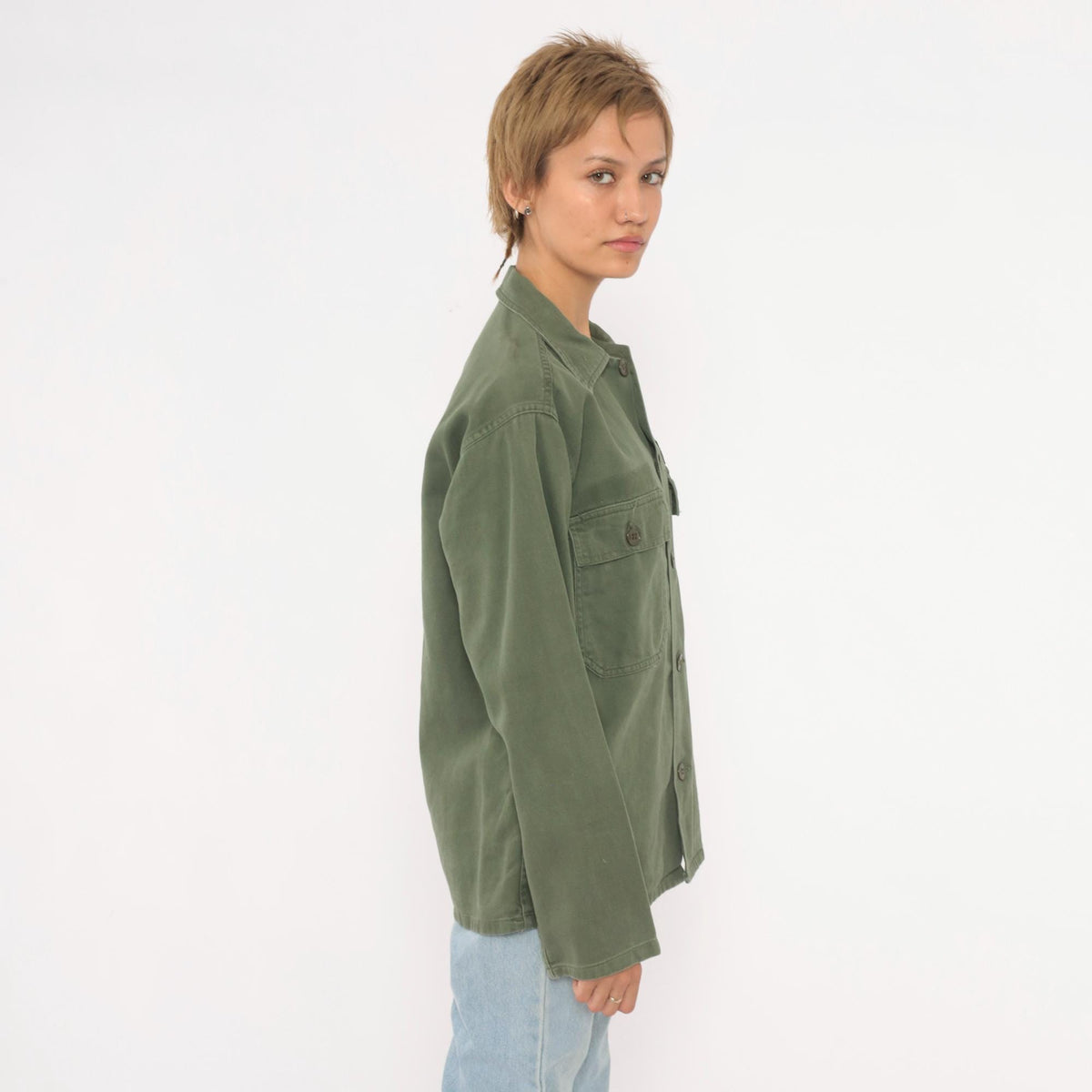 90s US Army Olive Green Button-Up Shirt Cotton Utility Field Top Small
