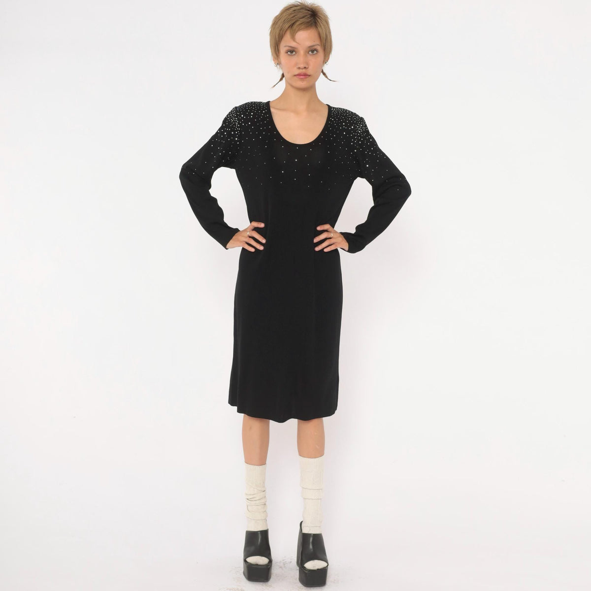 90s Misook Black Rhinestone Knit Dress Long Sleeve Shift Small S