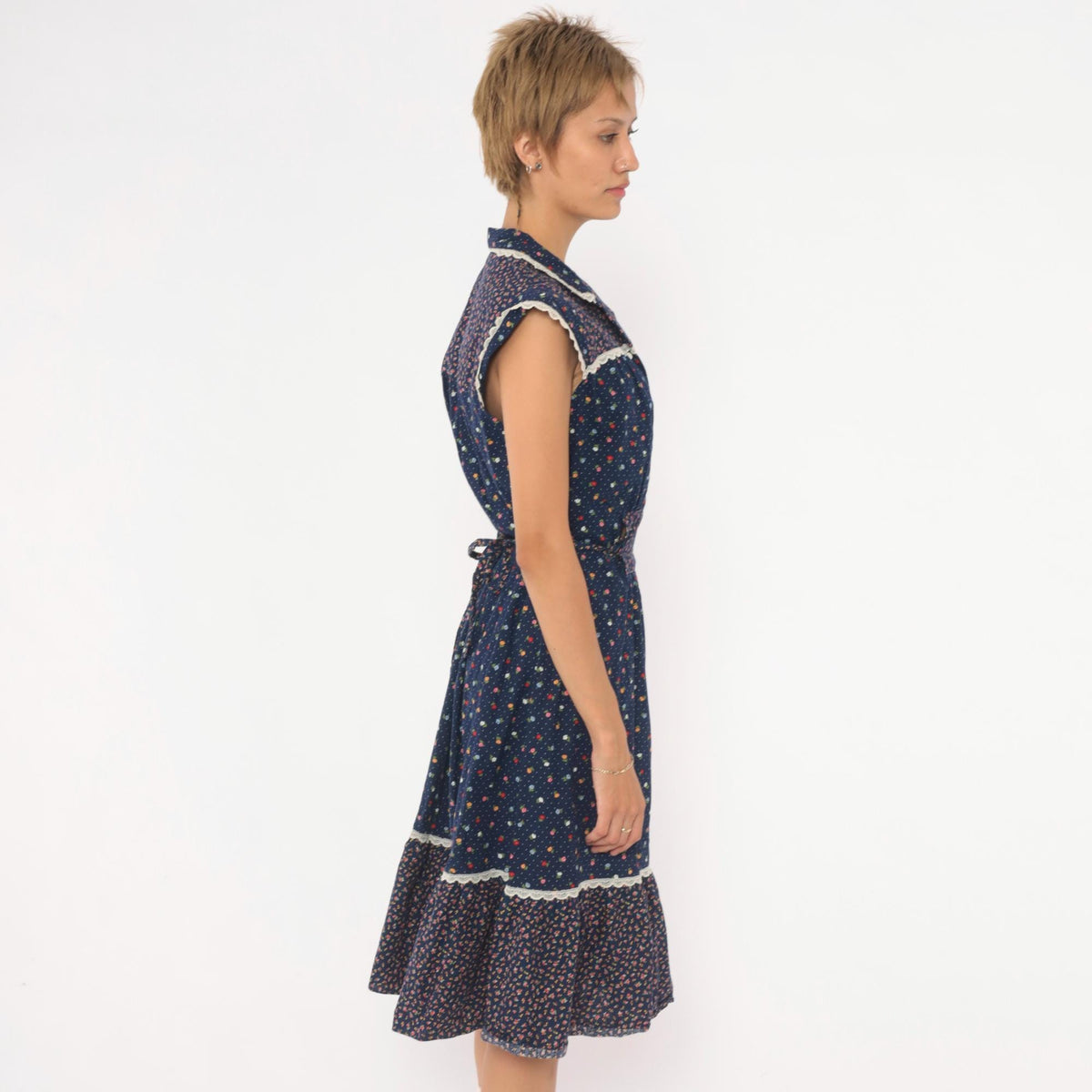 70s Navy Floral Calico Prairie Dress Cotton Cap Sleeve Button Front Small
