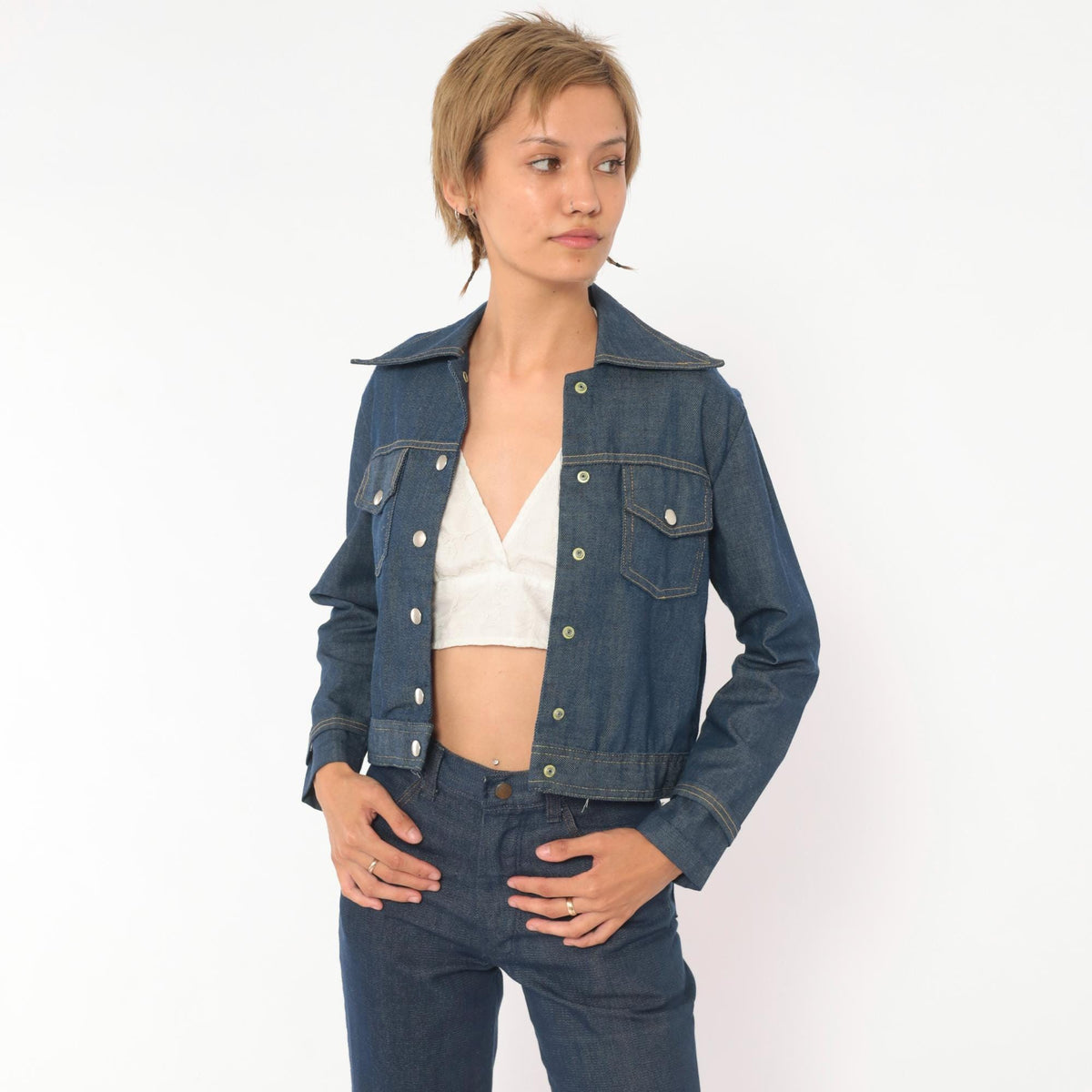 80s Bogart of Texas Denim Two Piece Set Cobalt Blue Cropped Jacket Flare Jeans Extra Extra Small XXS