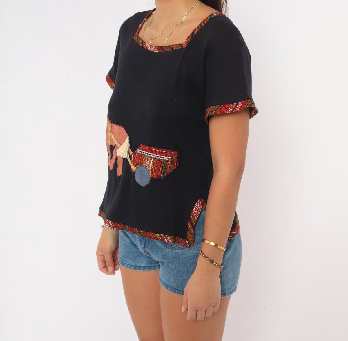 Y2K Black Cotton Horse Appliqué Top Square Neck Woven Trim Medium M