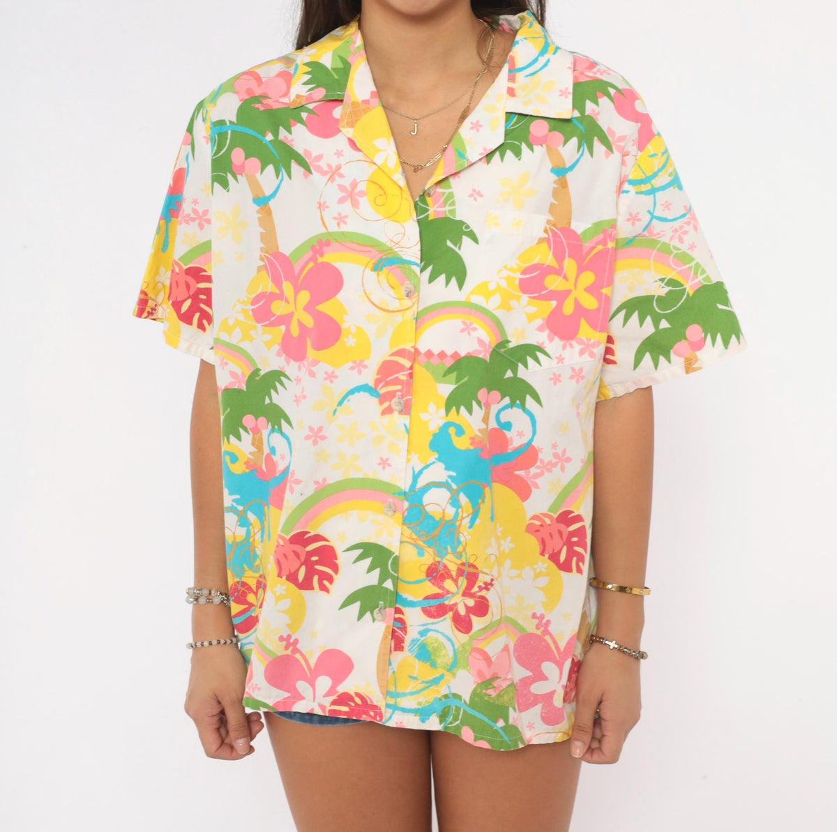 Y2K Barefoot Paradise Hawaiian Shirt White Cotton Camp Collar Tropical Print Extra Large XL