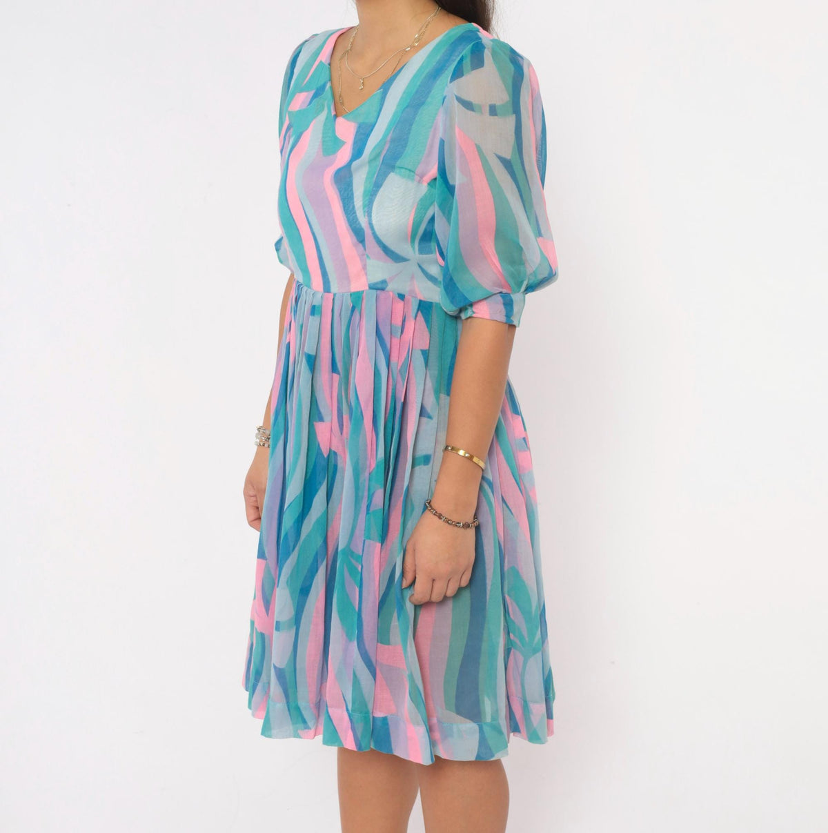 60s Mod Abstract Swirl Print Dress Teal Pink Puff Sleeve V Neck Small