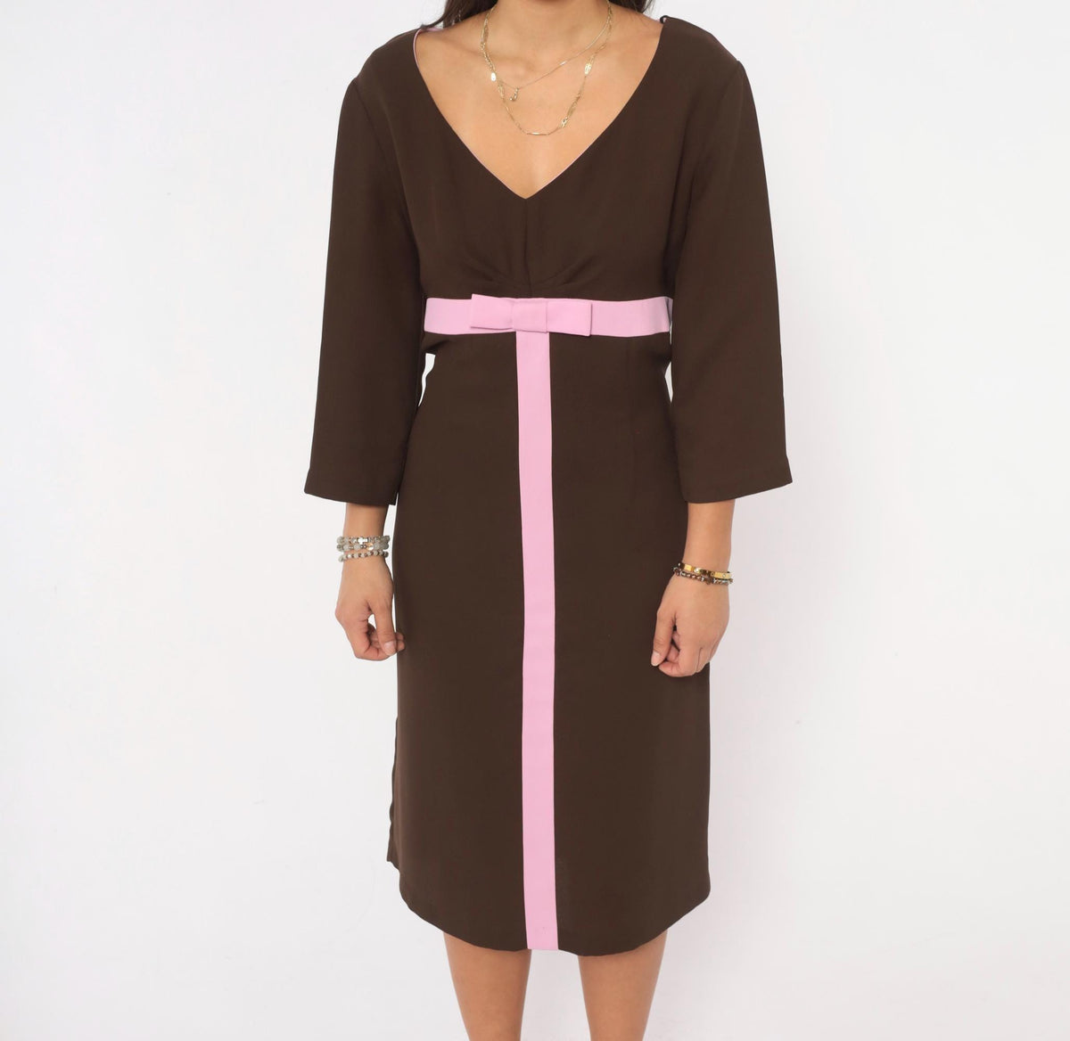 Y2K Robbie Bee Brown Midi Dress Pink Bow Belt V-Neck Empire Waist Large L