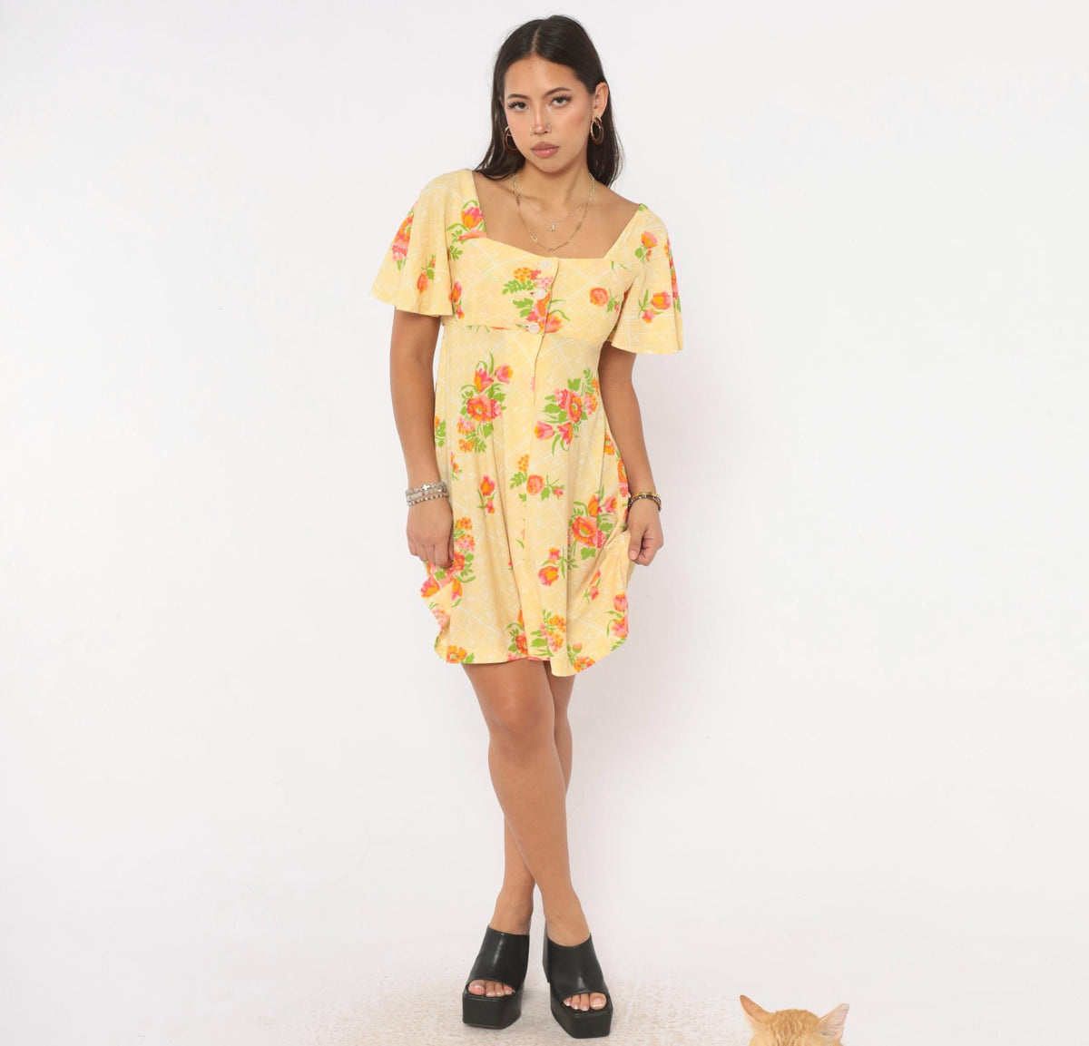70s Floral Mini Dress Yellow Pink Flutter Sleeve Empire Waist Extra Small XS