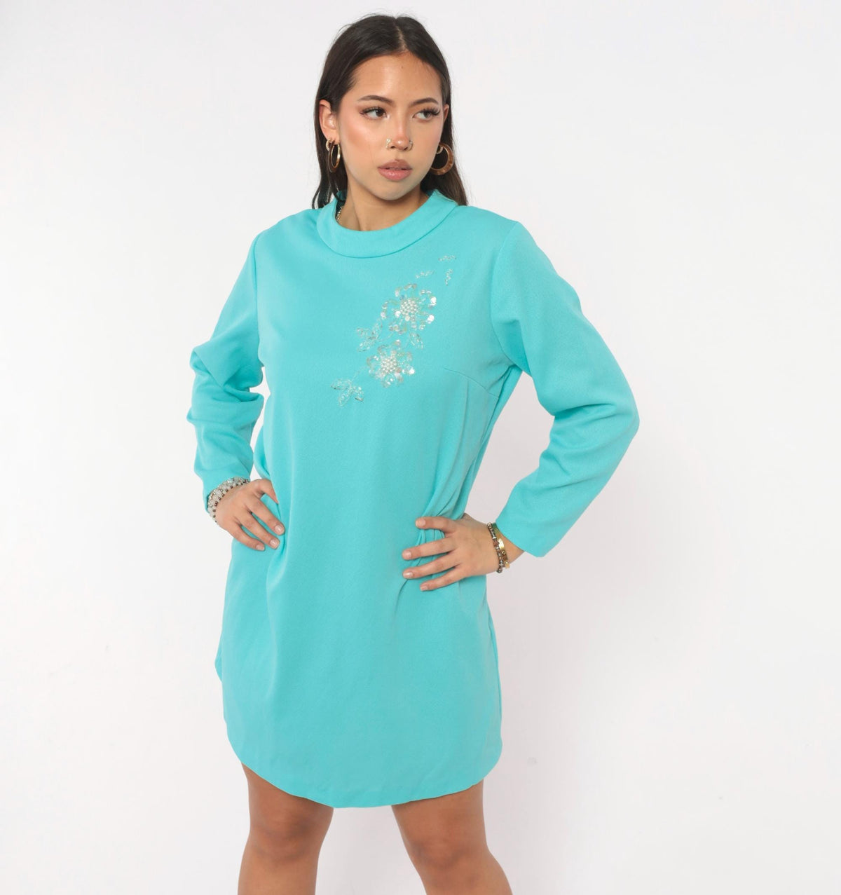 70s Teal Shift Dress Beaded Sequin Floral Mock Neck Long Sleeve A-Line Plus Size Extra Large