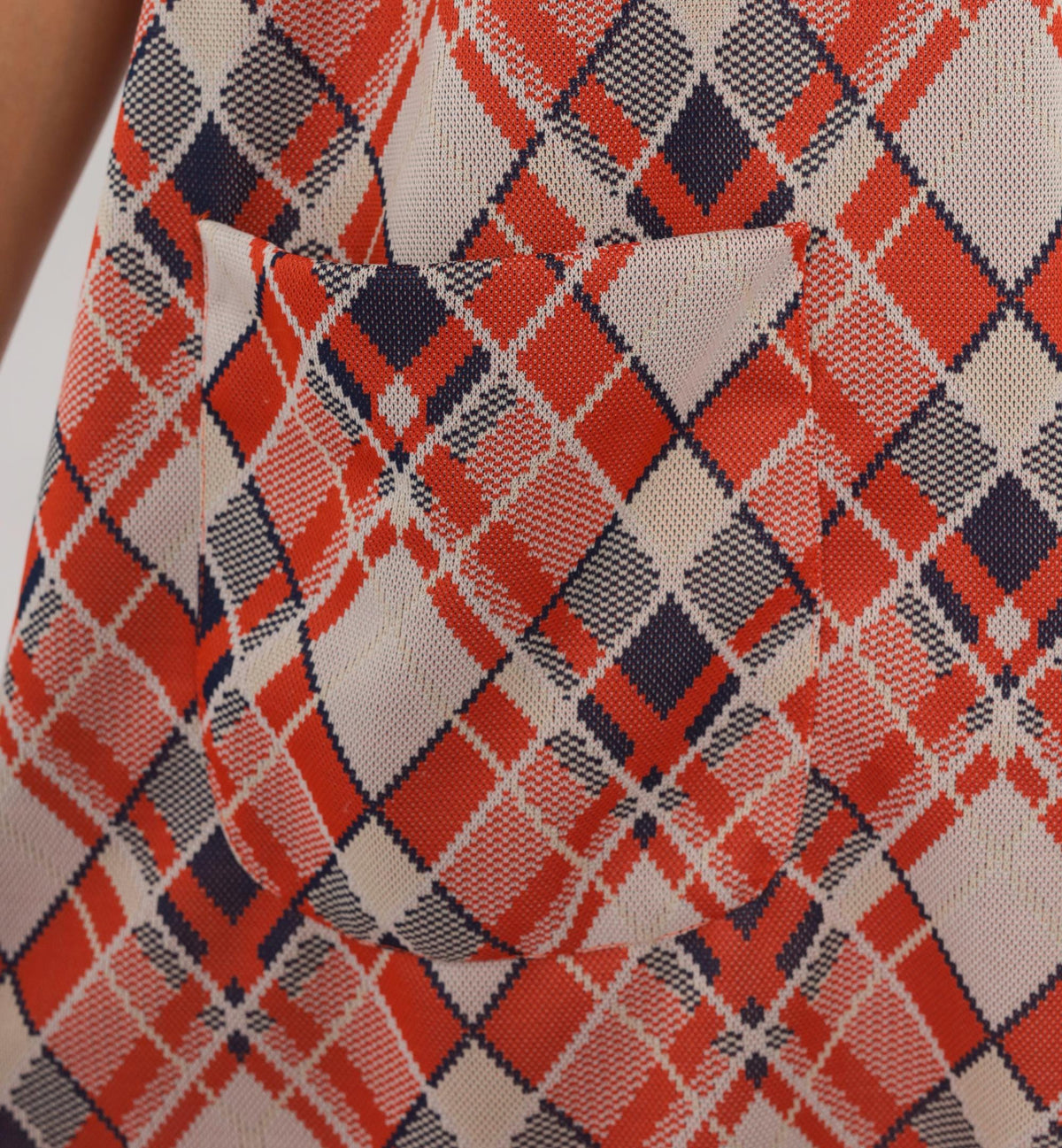 70s Argyle Plaid Mini Dress Orange Navy Cream Flutter Sleeve Empire Waist Extra Small XS