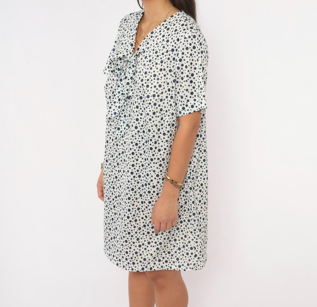 70s Lady Laura Navy White Polka Dot Shift Dress Tie Front Knee Length Extra Large
