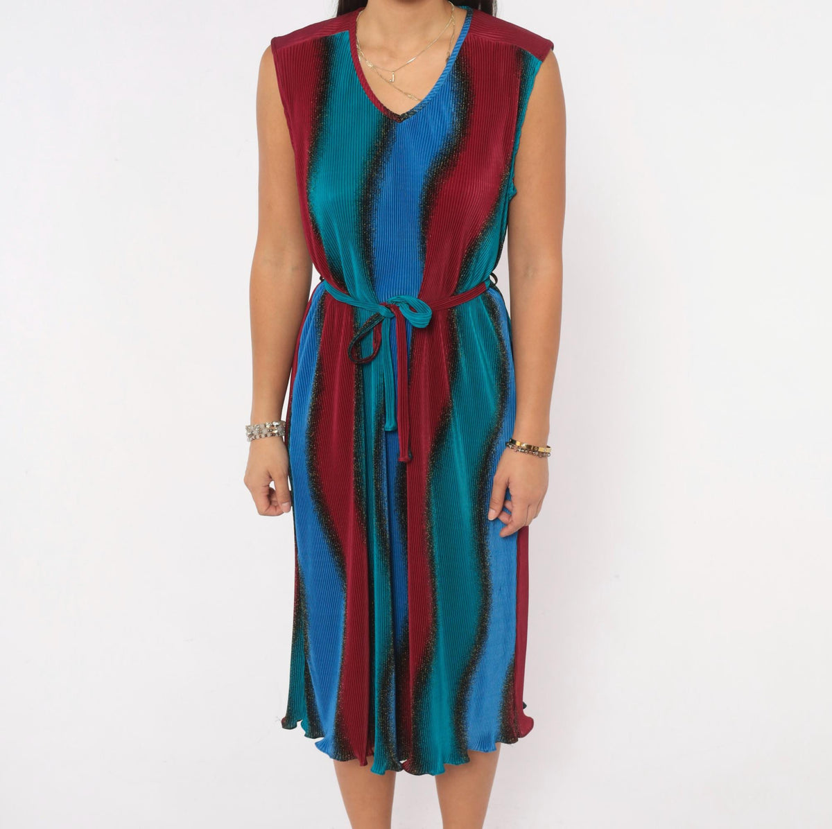 90s Plisse Pleated Ombre Dress Cobalt Blue Burgundy Sleeveless Large