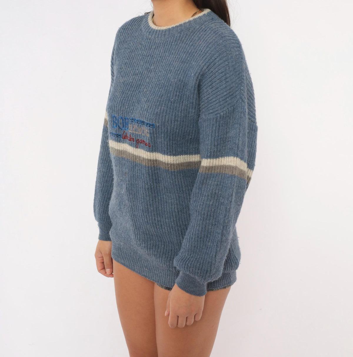 80s Bobsledding Winter Games Wool Knit Pullover Blue Cream Stripe Medium