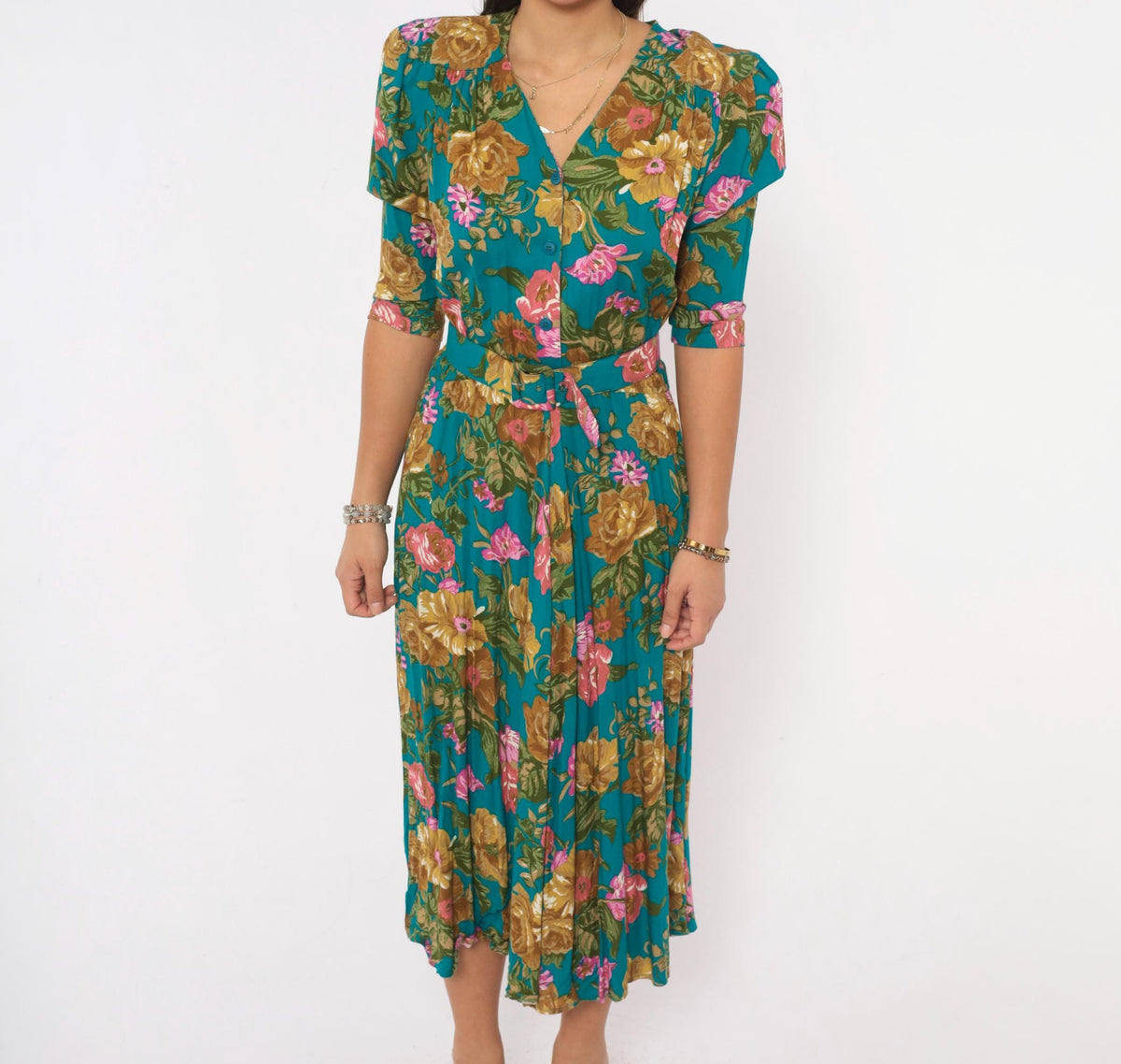 90s Carol Anderson Teal Floral Midi Dress Puff Sleeve Button Front Small S