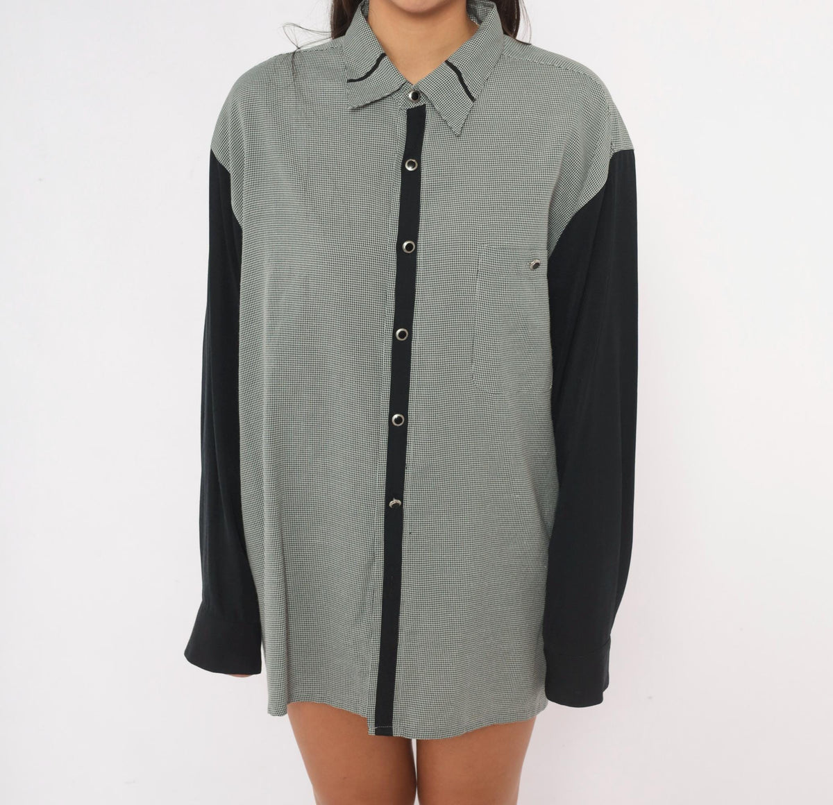 90s City Streets Houndstooth Check Shirt Black White Color Block Medium