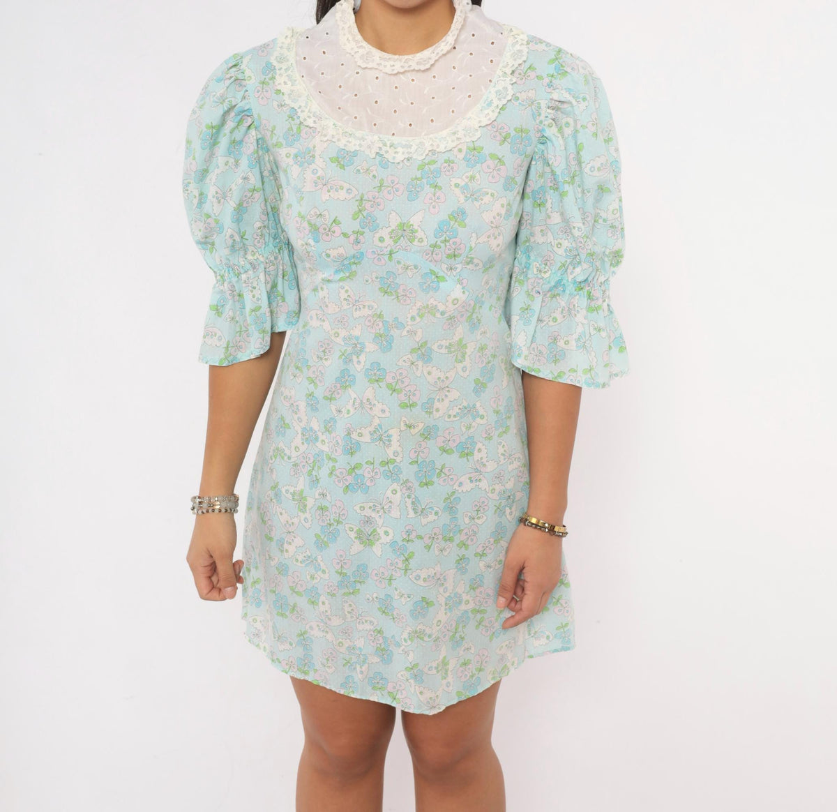 70s Light Blue Butterfly Print Cotton Dress Puff Sleeve Eyelet Lace Yoke Small