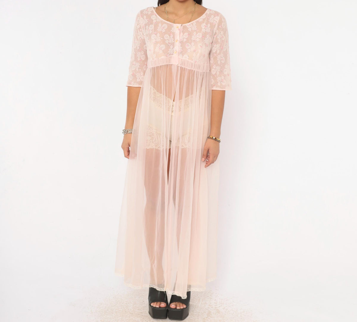 70s Miss Elaine Pink Sheer Peignoir Maxi Robe Lace Embroidered Extra Small