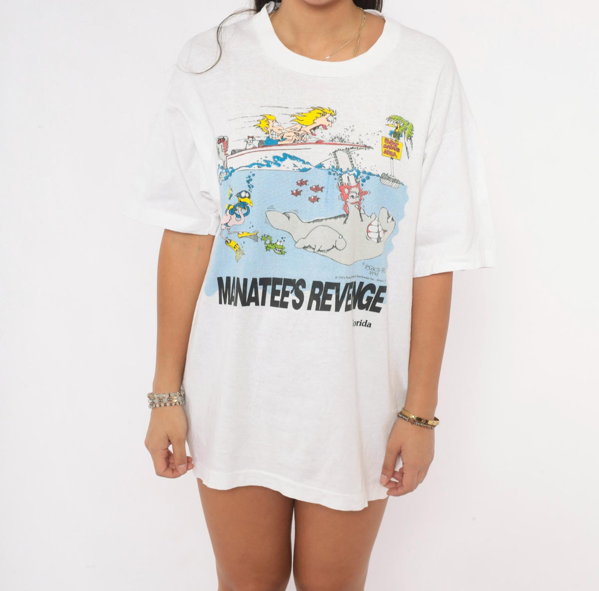 90s Manatee's Revenge Florida Graphic Tee White Cotton Cartoon Large L