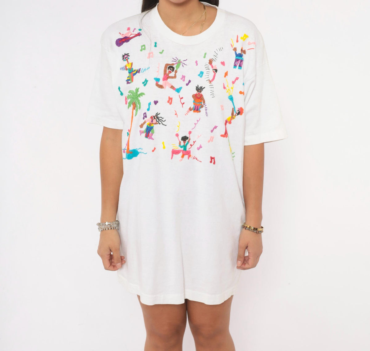 90s Swan Swan & Design Embroidered Tee White Cotton Musicians Palm Tree Large L