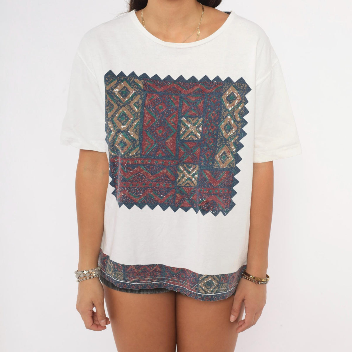 90s Southwestern Tapestry Graphic Tee White Cotton Geometric Burgundy Large L