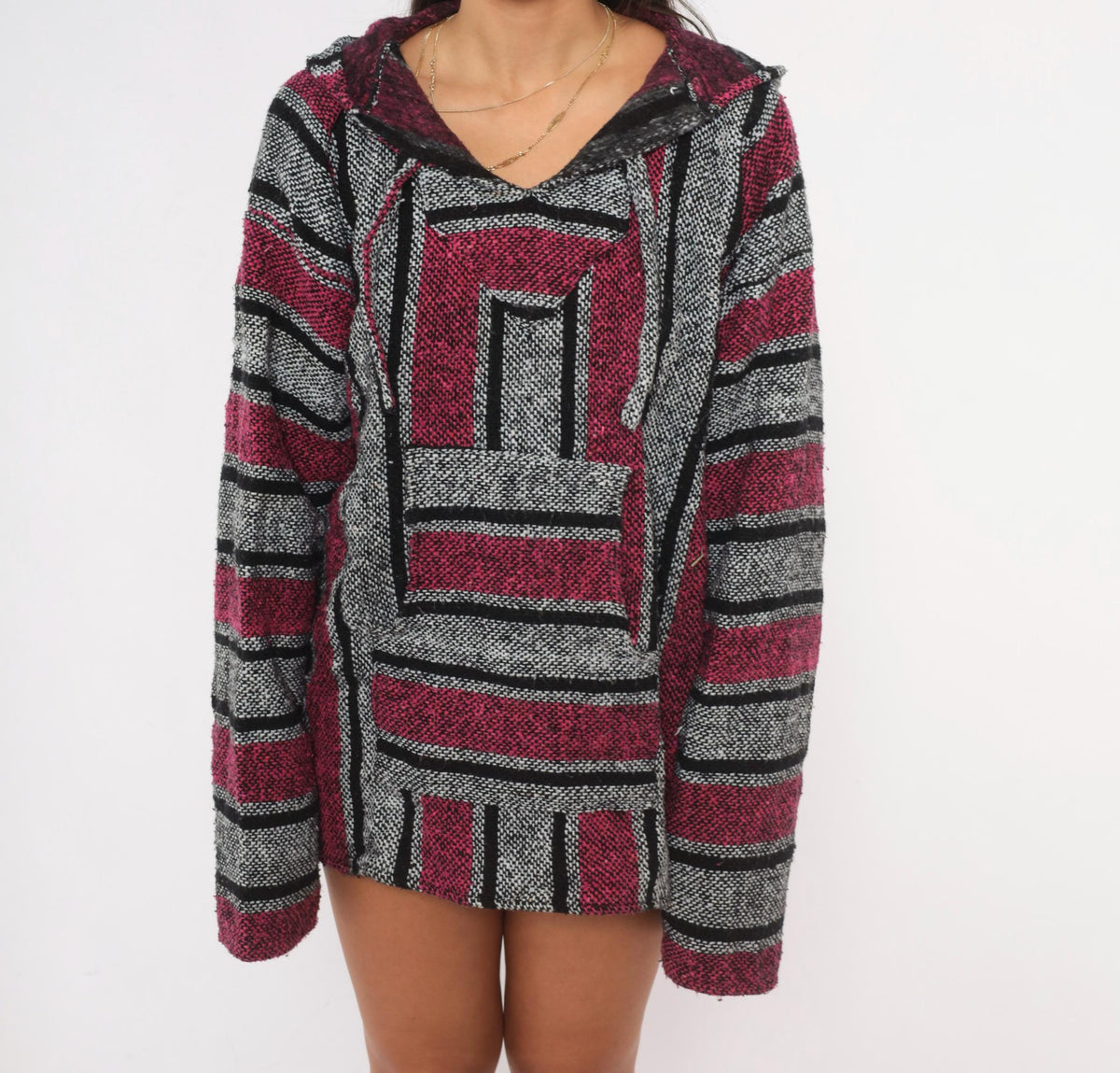 90s Baja Hoodie Pink Black Grey Striped Woven Pullover Large L