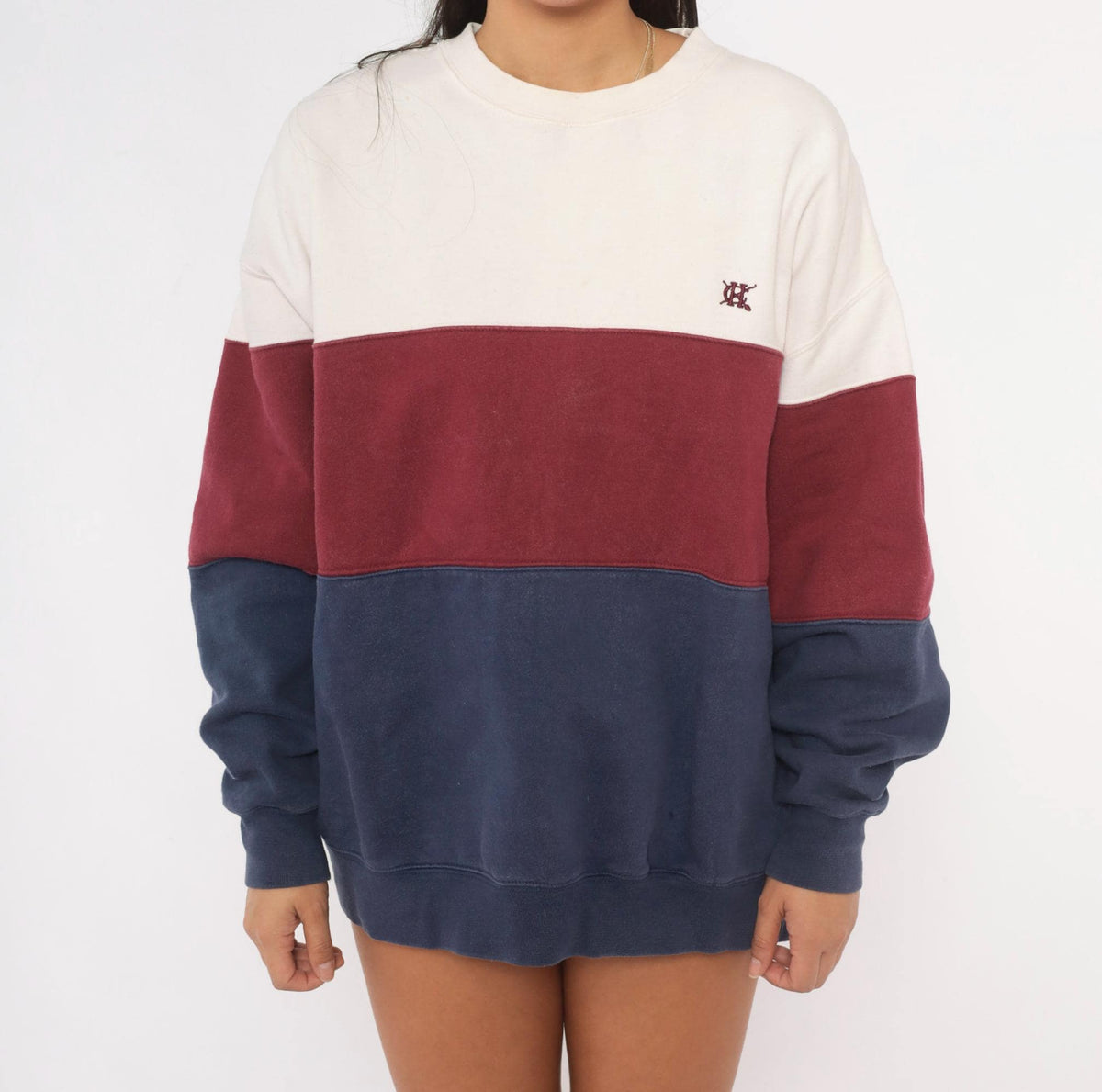 90s Hunt Club Color Block Sweatshirt Cream Burgundy Navy Crewneck Large L