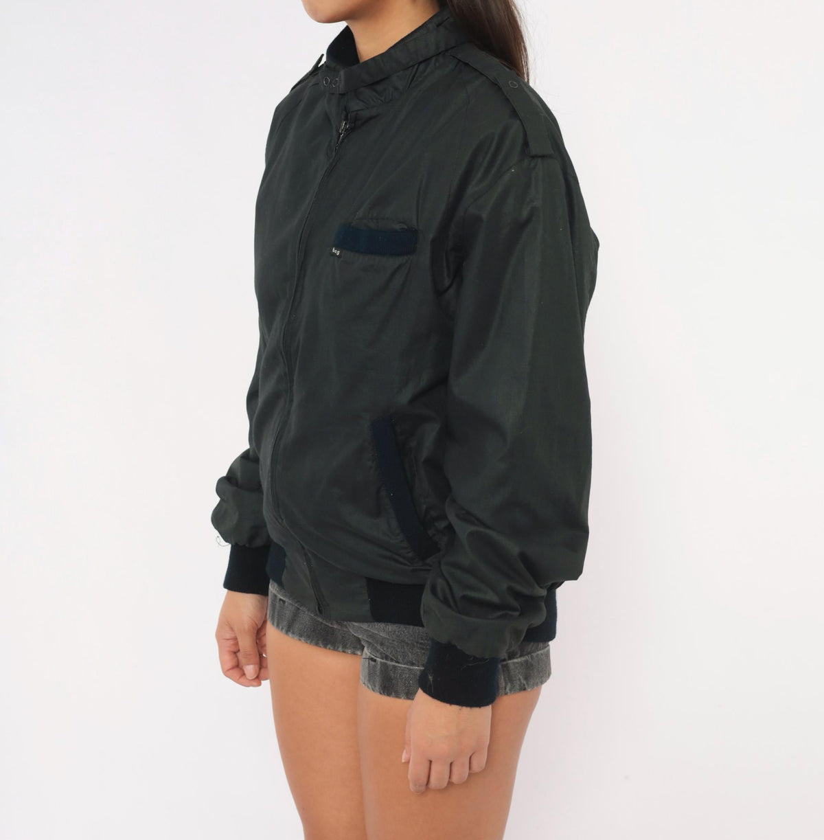 80s Bog Black Bomber Jacket Cotton Epaulette Stand Collar Small