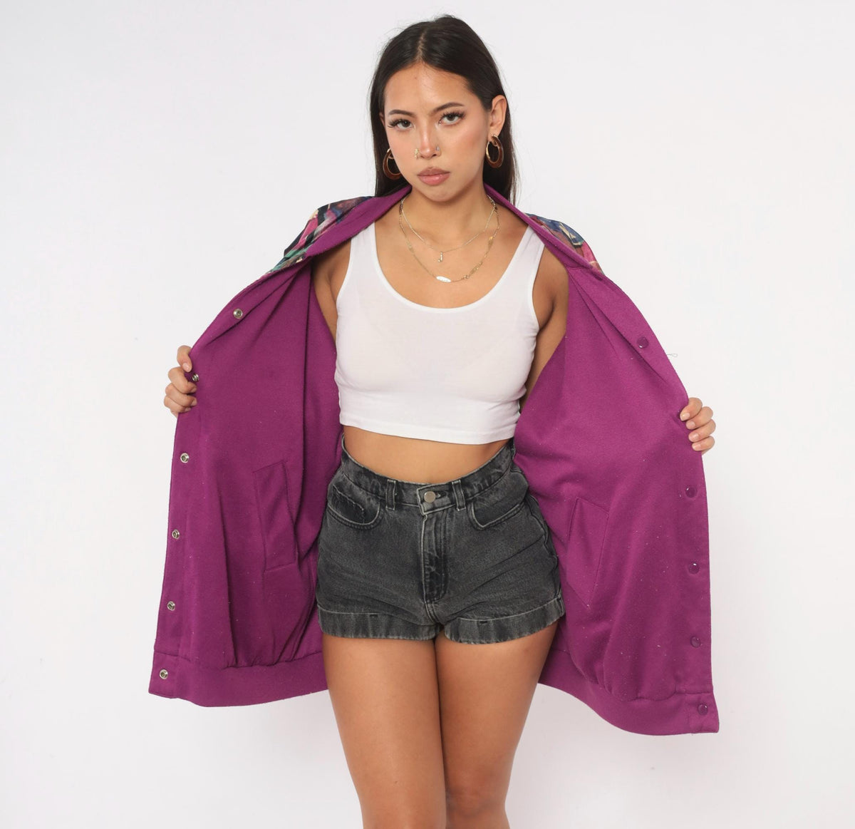 80s Abstract Reversible Bomber Jacket Purple Green Geometric Snap Front Medium