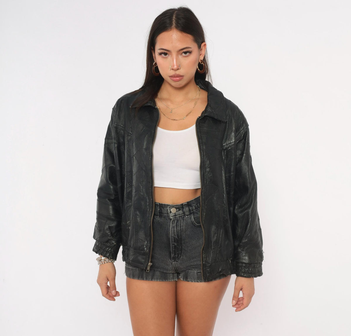 90s Italian Stone Design Black Leather Patchwork Bomber Jacket Small S