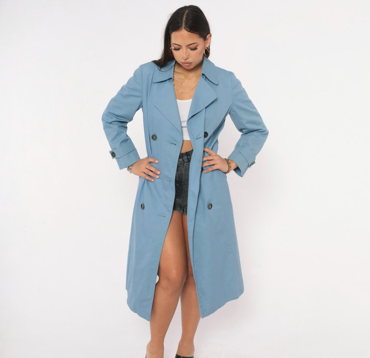70s Aquascutum Light Blue Trench Coat Double Breasted Cotton Small