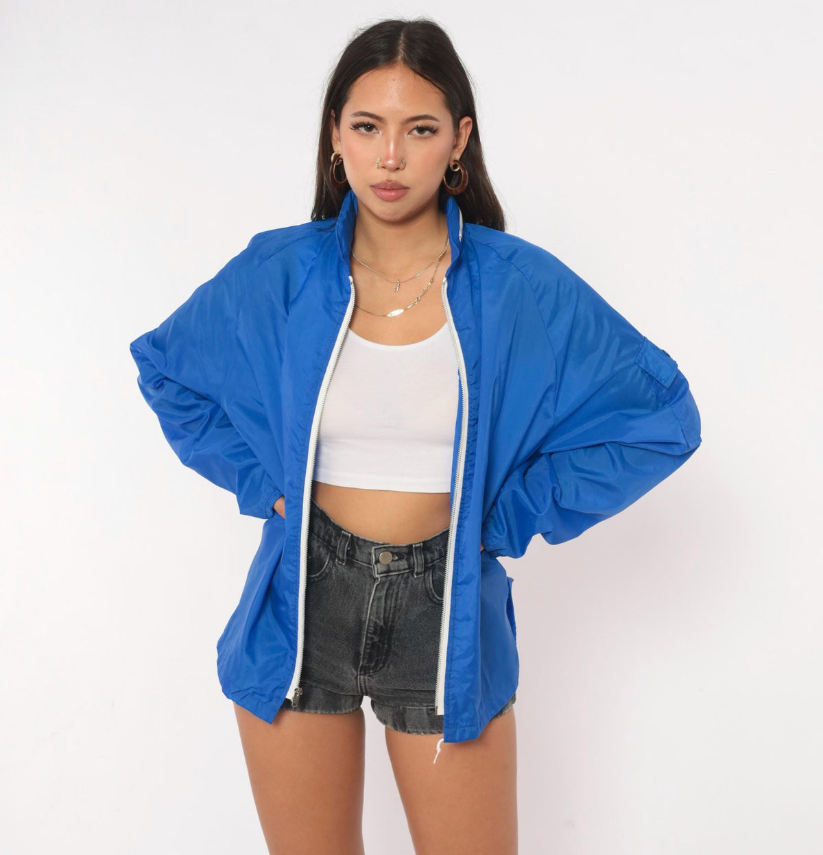 70s Cobalt Nylon Windbreaker Jacket Hooded Raglan Zip Front Royal Blue Medium