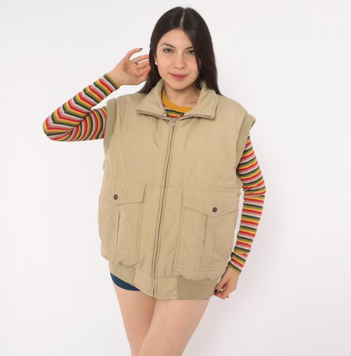70s Natural High Down Bomber Jacket Convertible Zip-Off Sleeves Tan Medium