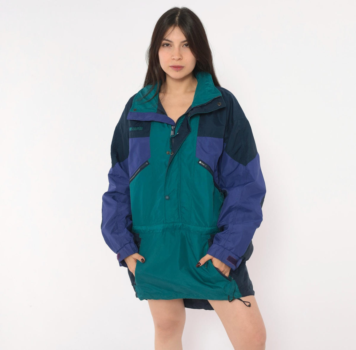 90s Columbia Anorak Navy Teal Purple Color Block Windbreaker Half Zip Small
